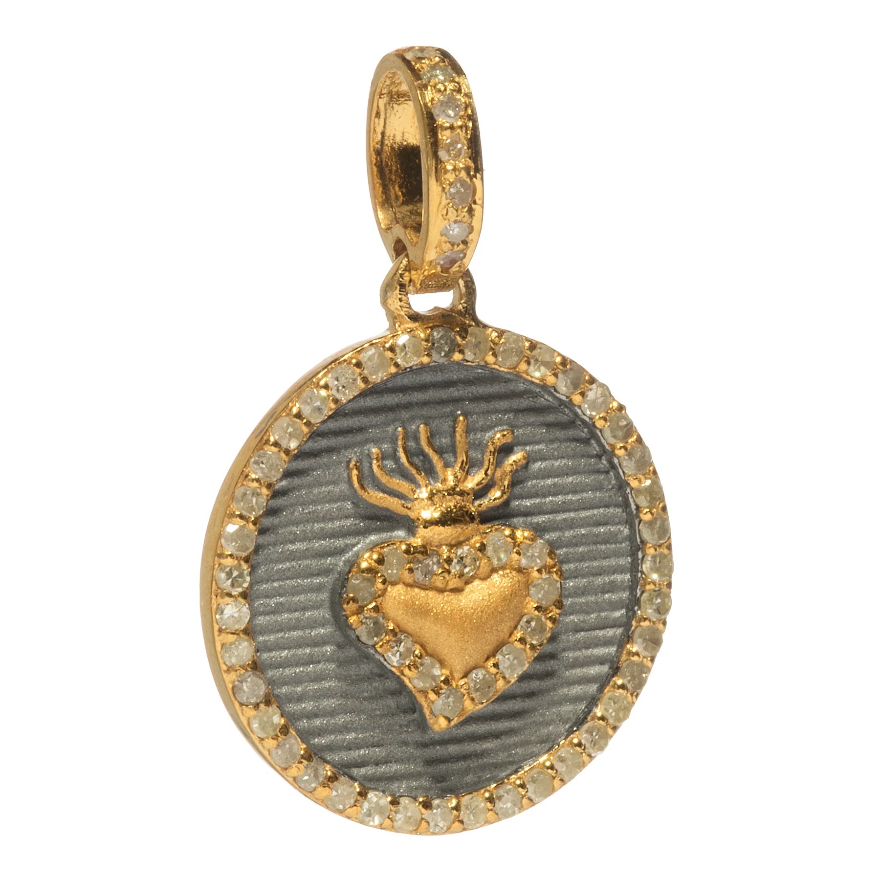 Flaming heart pendant with diamonds, bold romantic jewelry symbolizing passion and elegance