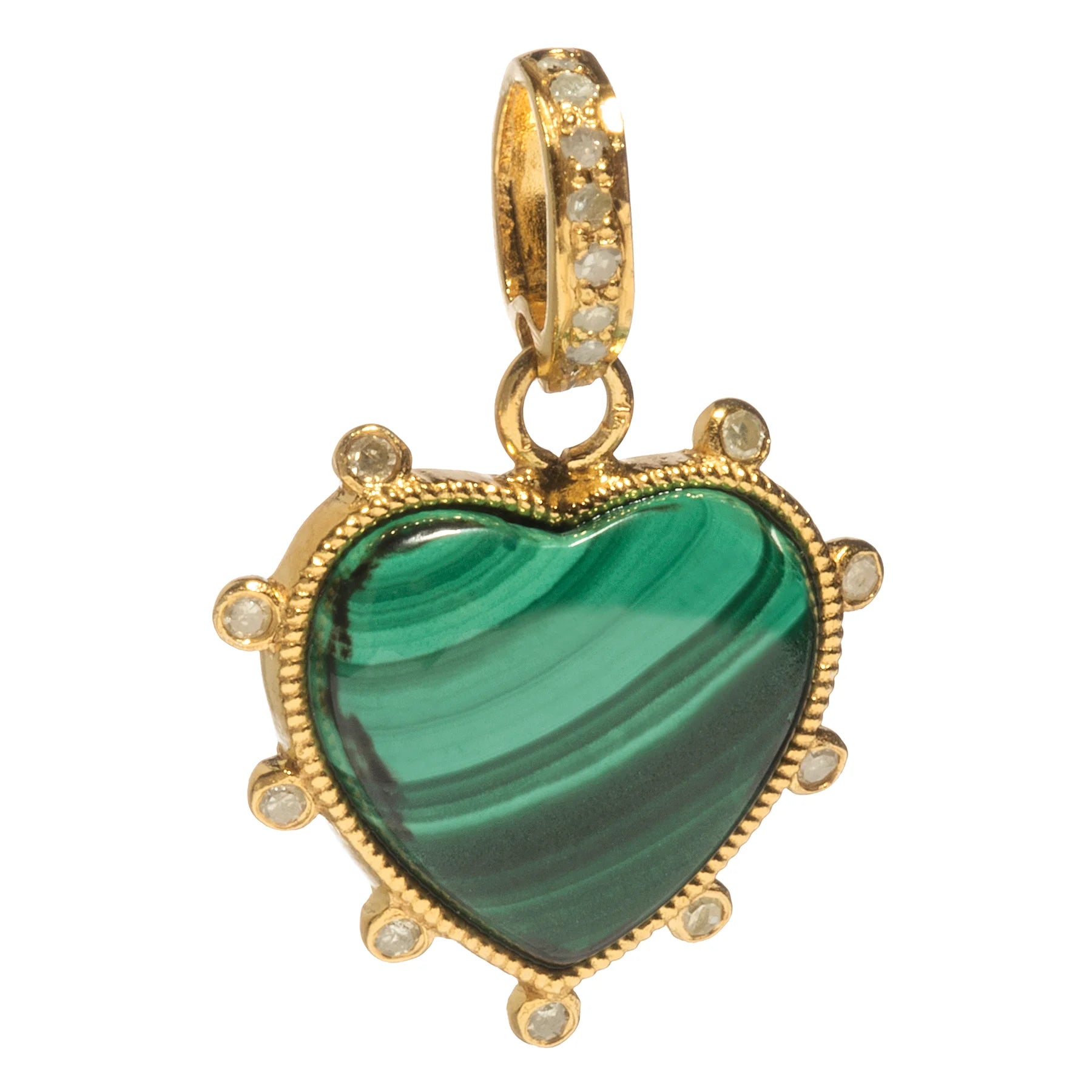 Heart charm with malachite and diamond dot – elegant green stone pendant with shimmering diamond detail

