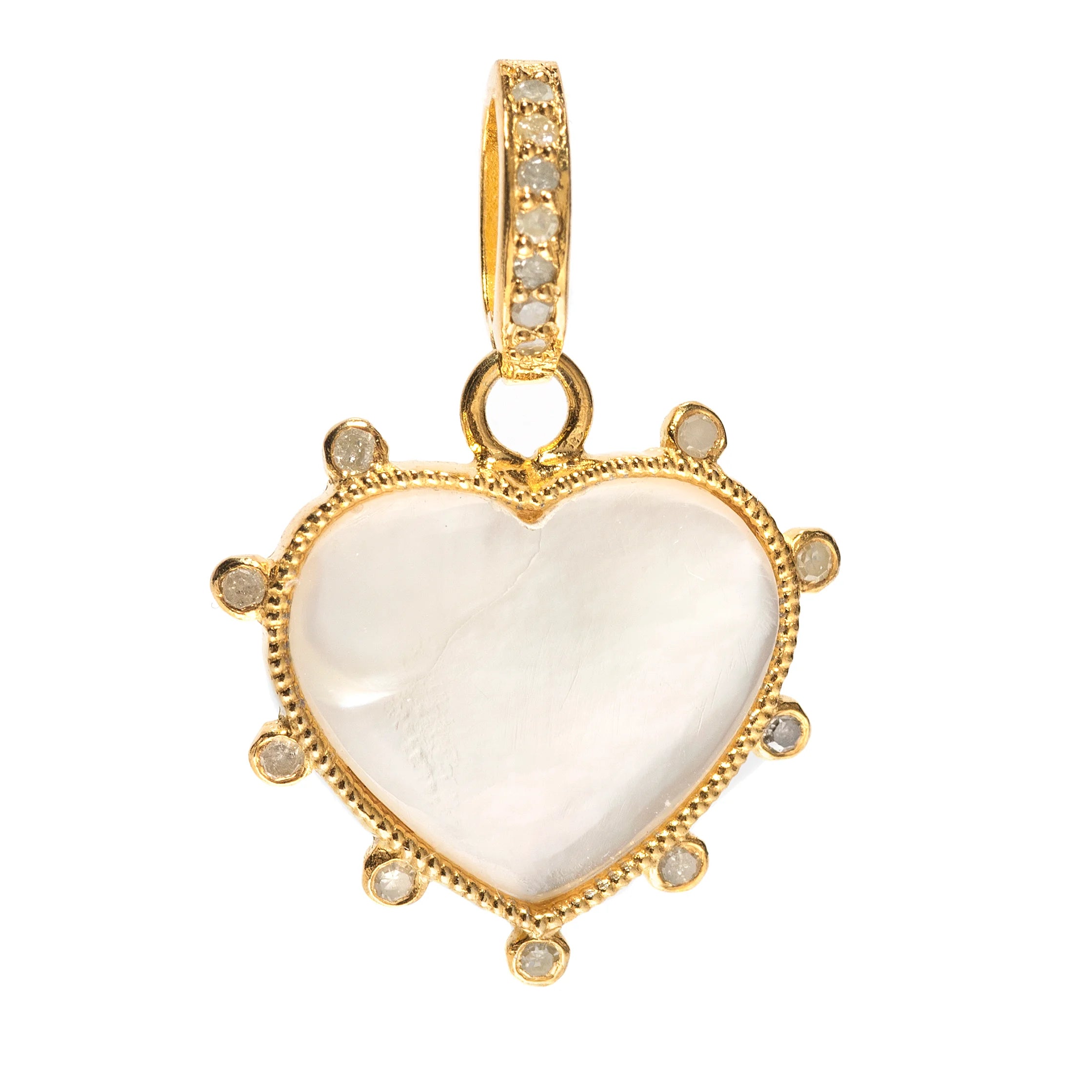 Heart charm with mother of pearl and diamond dot – delicate pendant combining luminous sheen and refined sparkle

