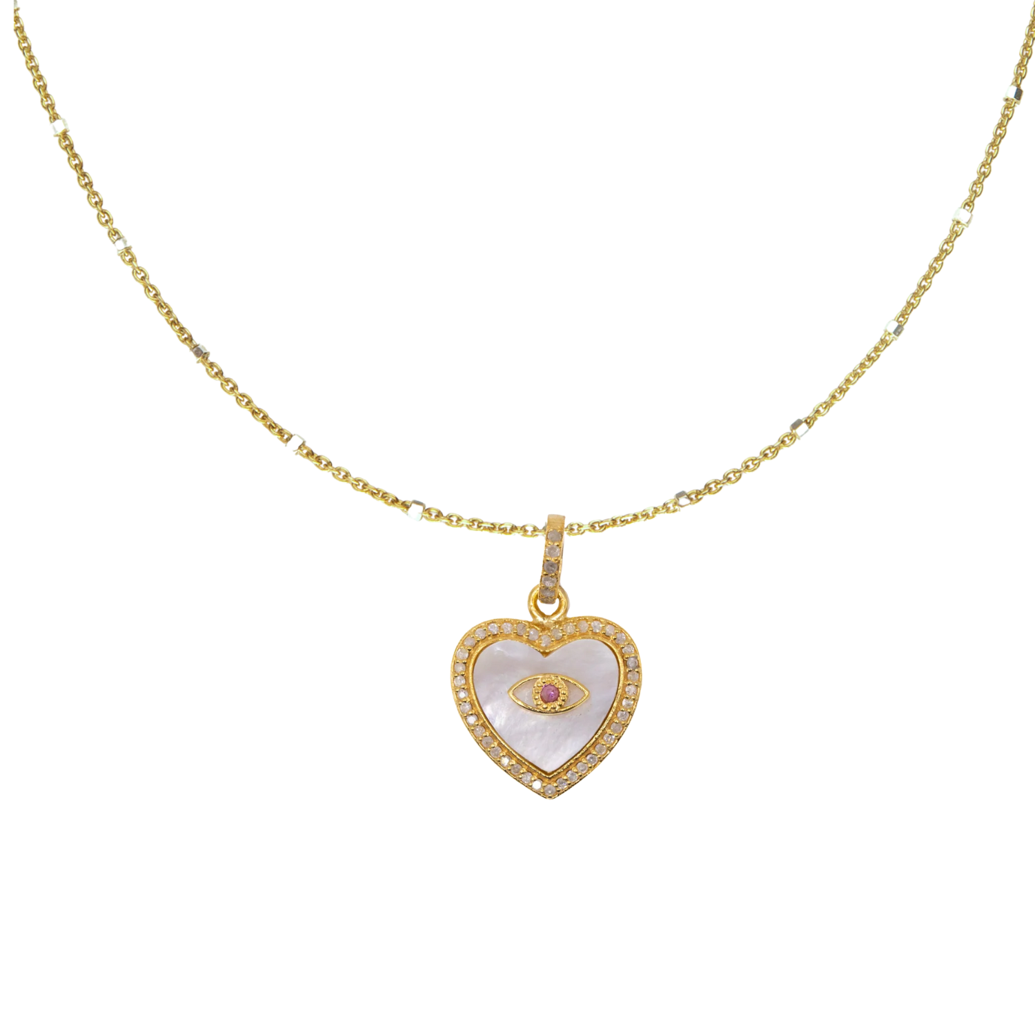 Mother of pearl heart charm with ruby or sapphire evil eye – protective pendant blending elegance with symbolism
