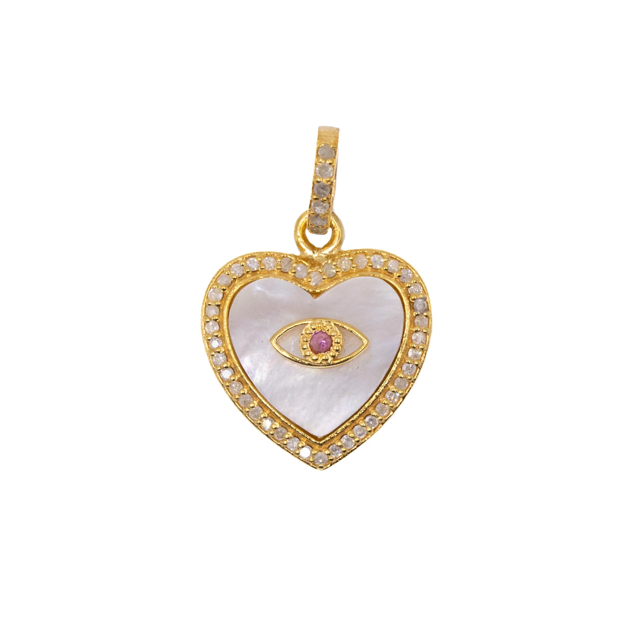 Mother of pearl heart charm with ruby or sapphire evil eye – protective pendant blending elegance with symbolism

