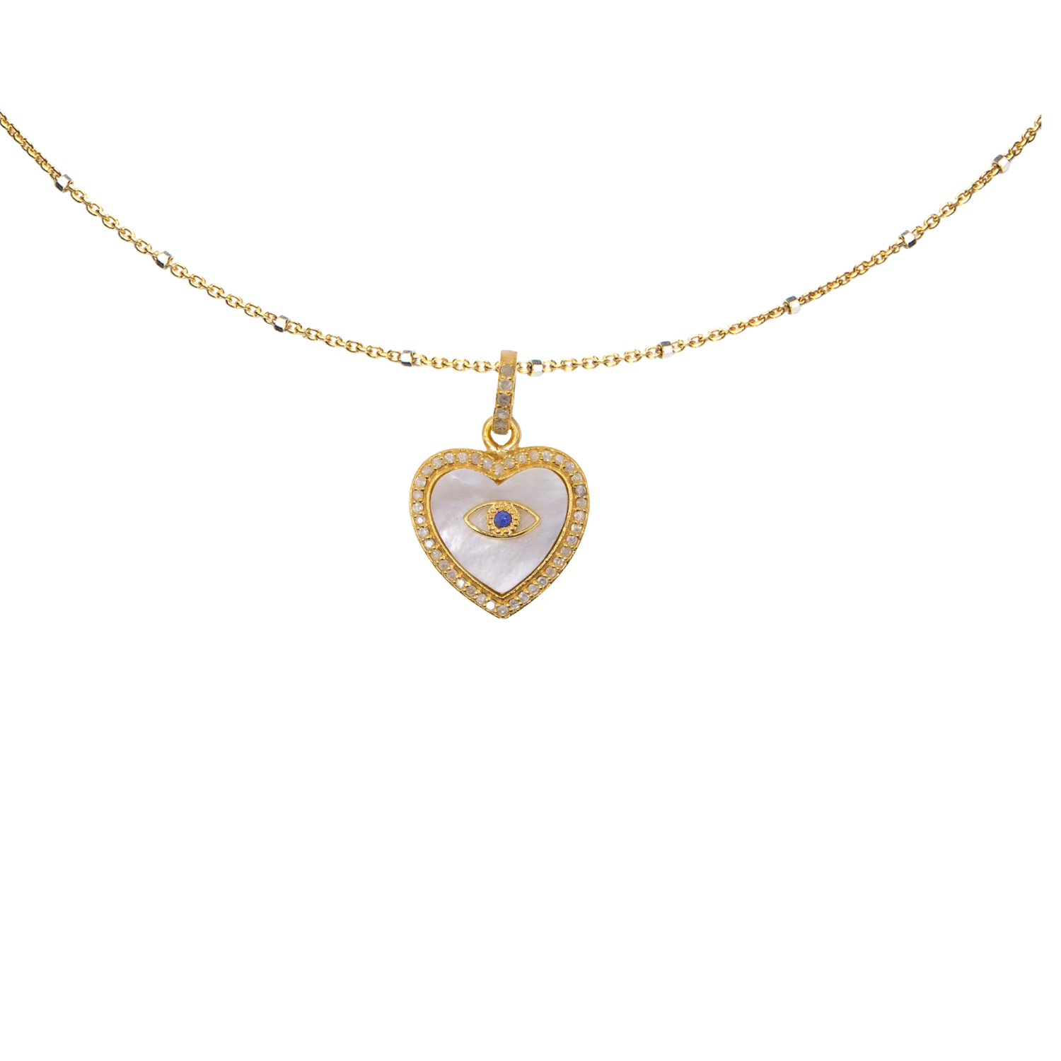Mother of pearl heart charm with ruby or sapphire evil eye – protective pendant blending elegance with symbolism