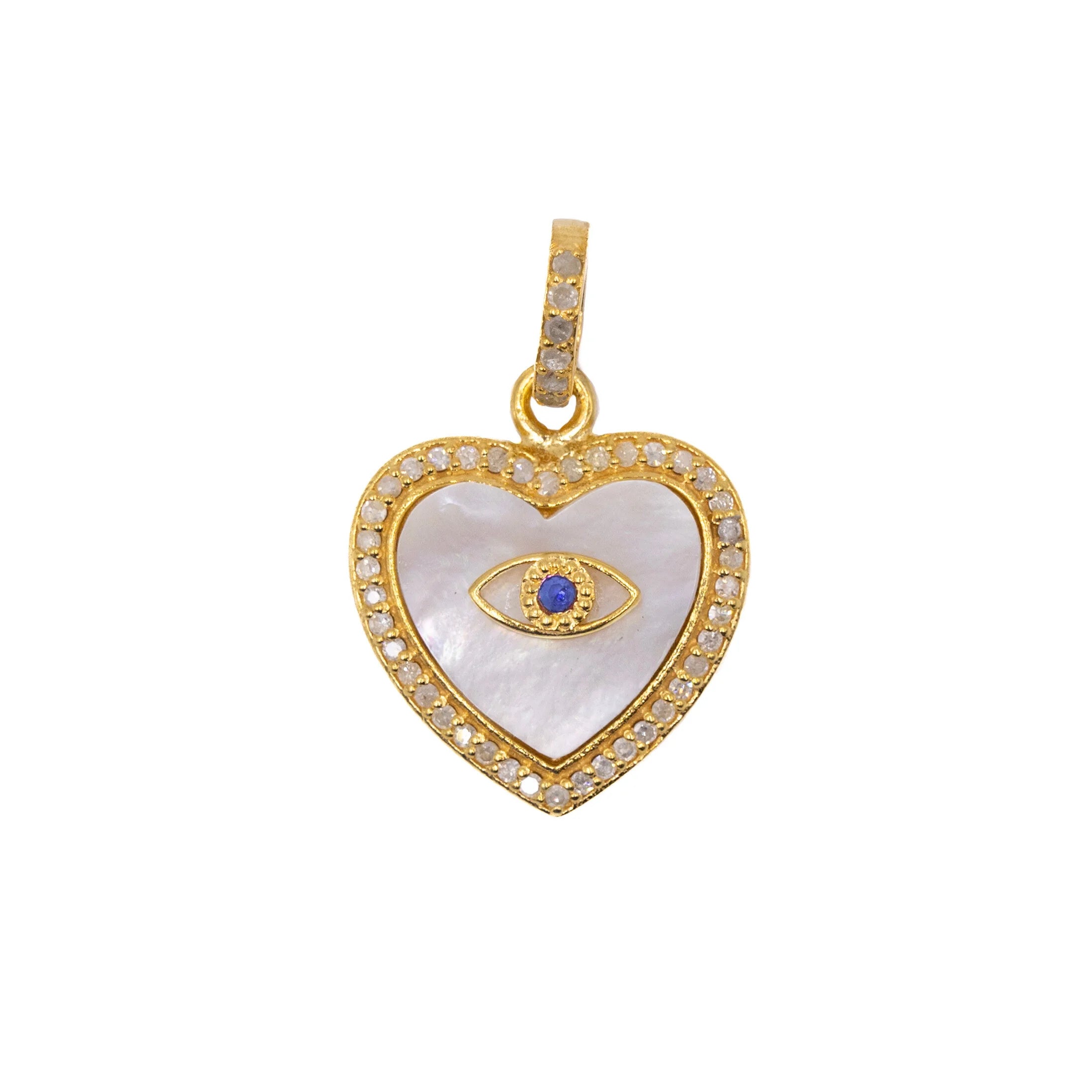 Mother of pearl heart charm with ruby or sapphire evil eye – protective pendant blending elegance with symbolism

