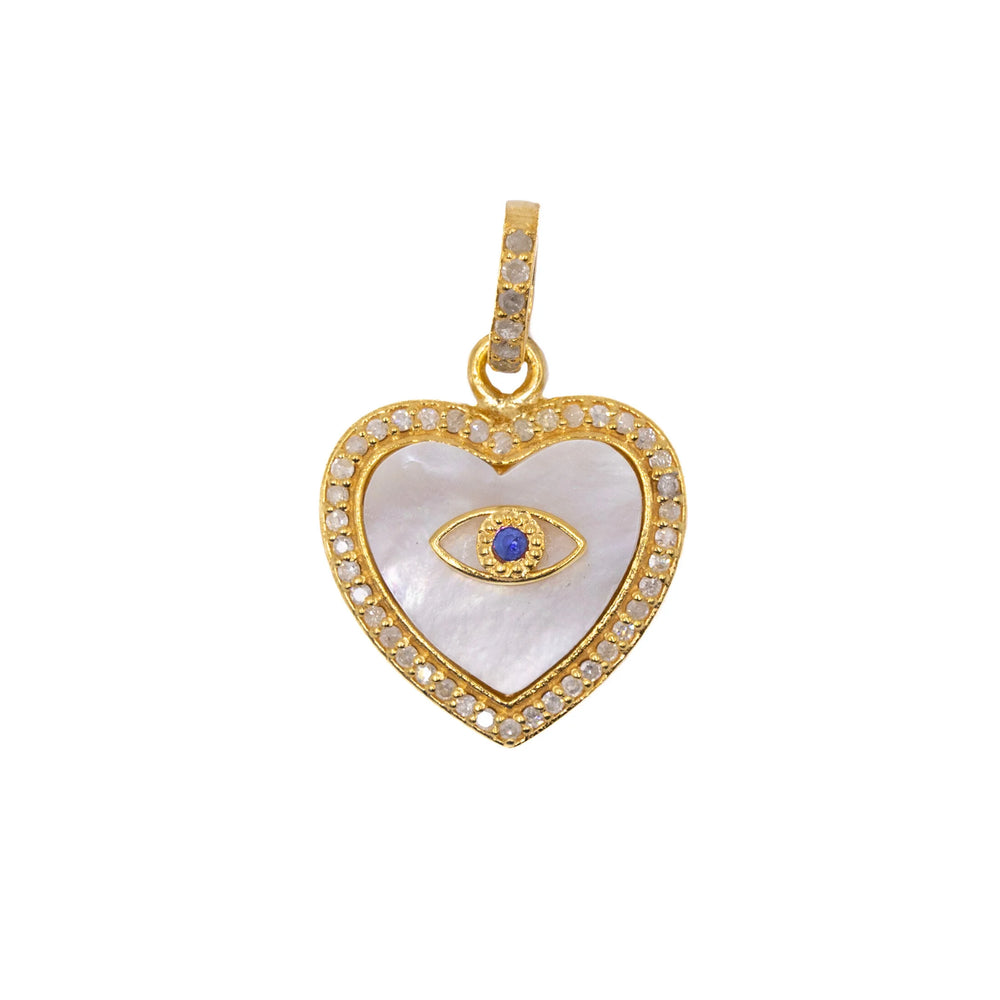 Mother of pearl heart charm with ruby or sapphire evil eye – protective pendant blending elegance with symbolism

