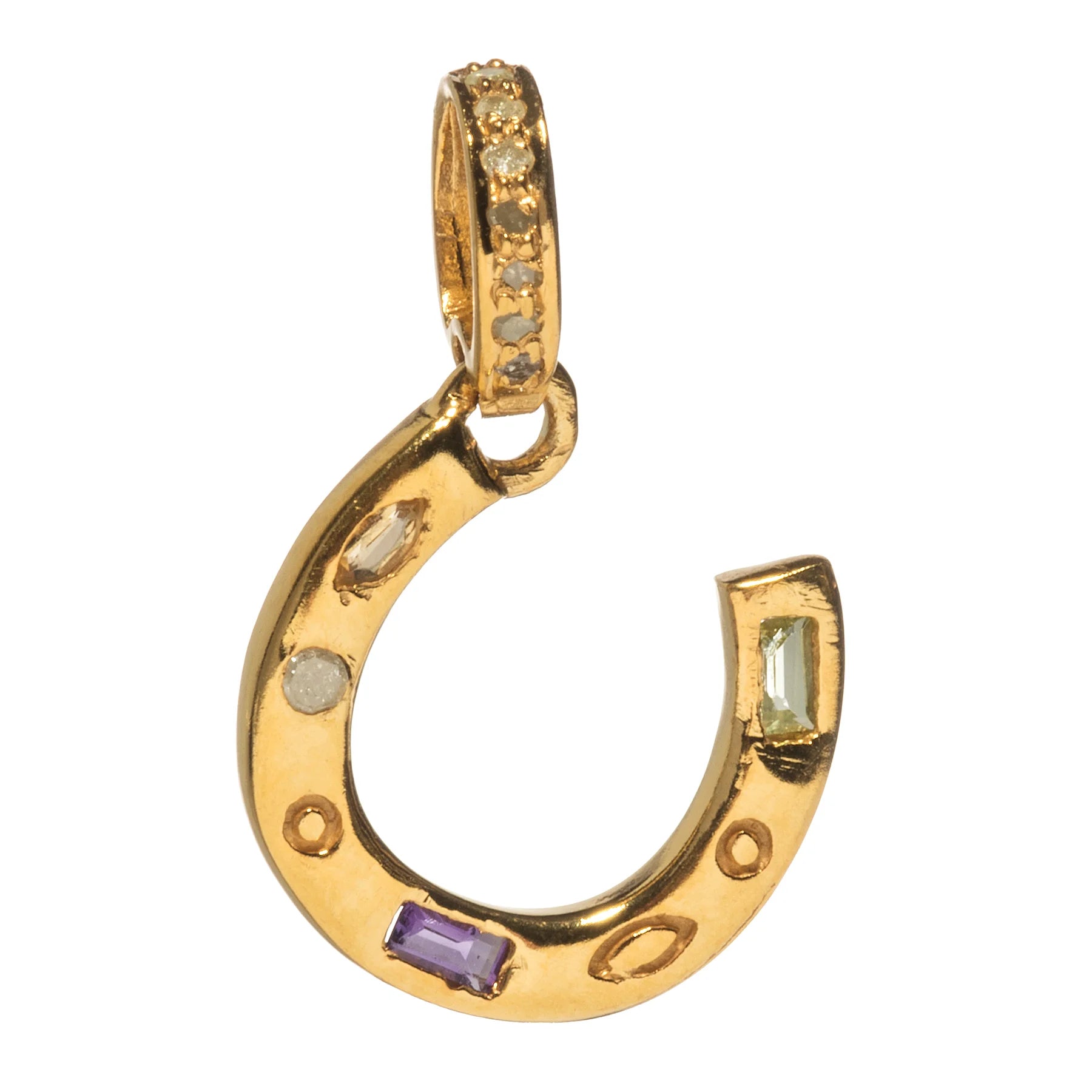 Horse shoe pendant with multi semi-precious stones, elegant good luck jewelry with colorful gemstone design