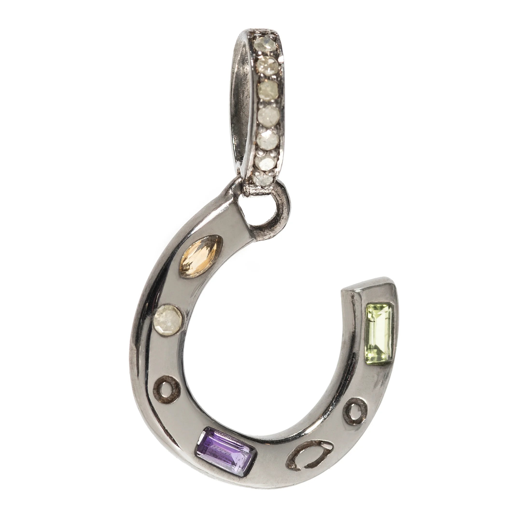 Horse shoe pendant with multi semi-precious stones, elegant good luck jewelry with colorful gemstone design
