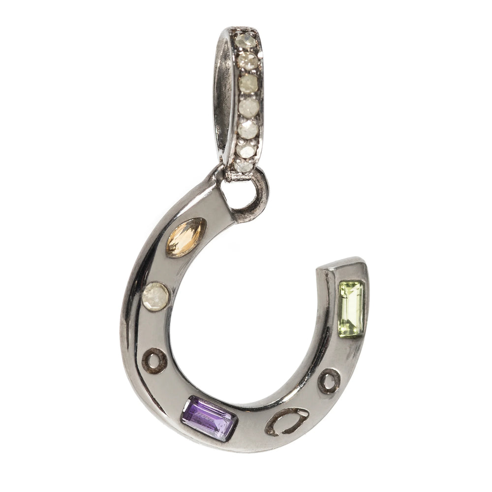Horse shoe pendant with multi semi-precious stones, elegant good luck jewelry with colorful gemstone design