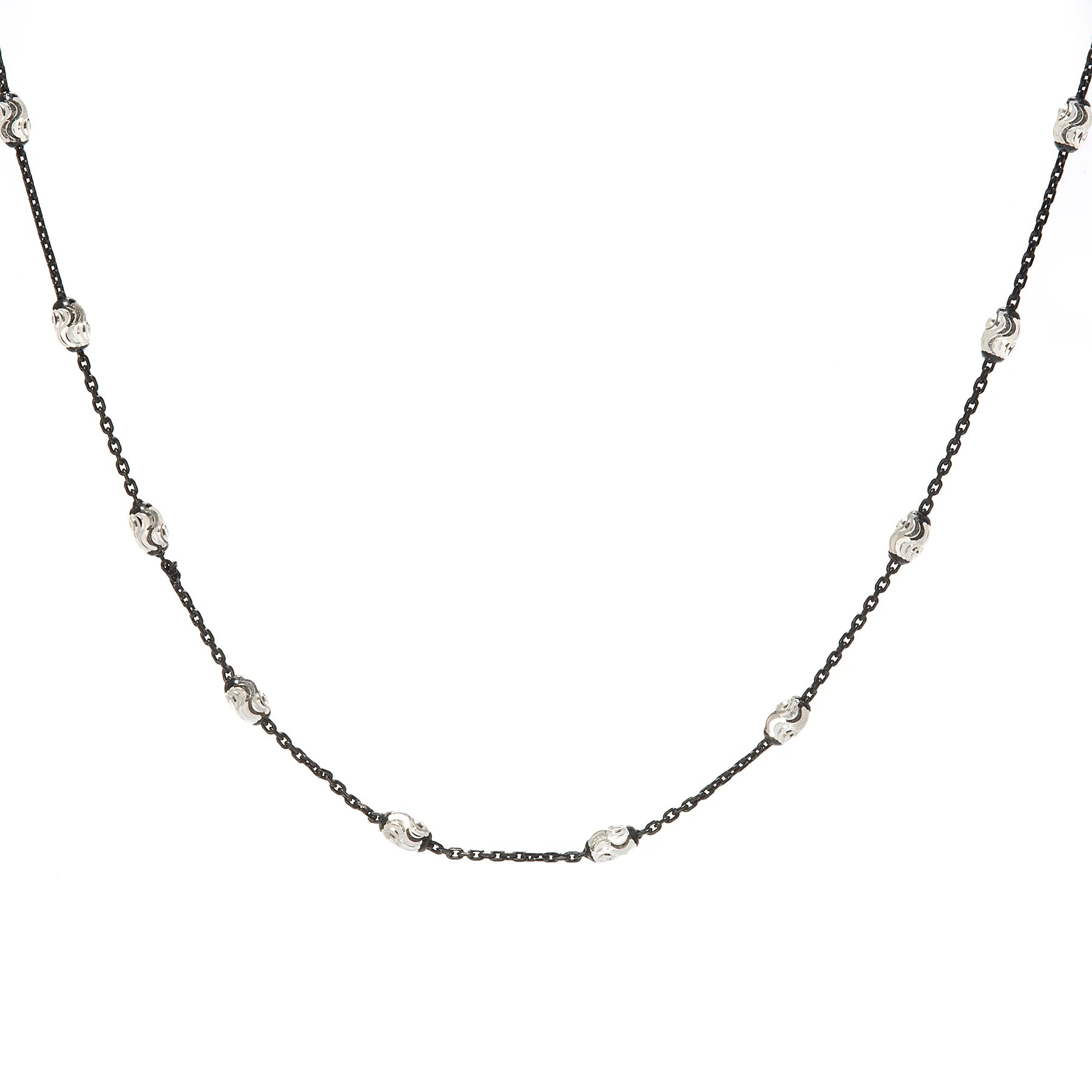 Jumbo black diamond cut satellite chain bracelet with silver accent beads, bold modern jewelry with two-tone design