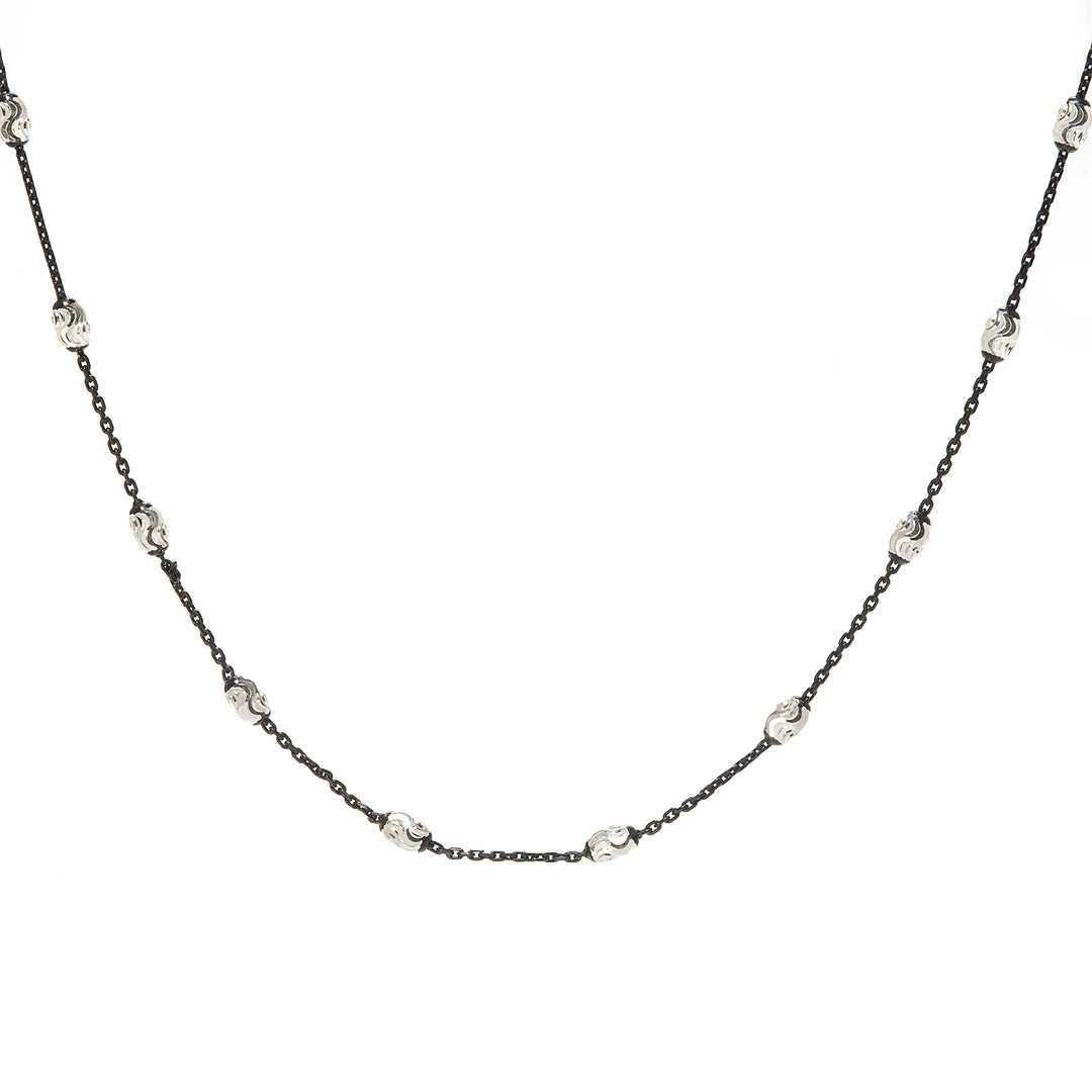 Jumbo black diamond cut satellite chain bracelet with silver accent beads, bold modern jewelry with two-tone design