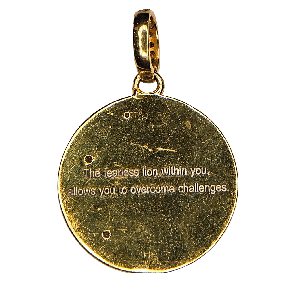 Gold Lion pendant with motivational quote on back