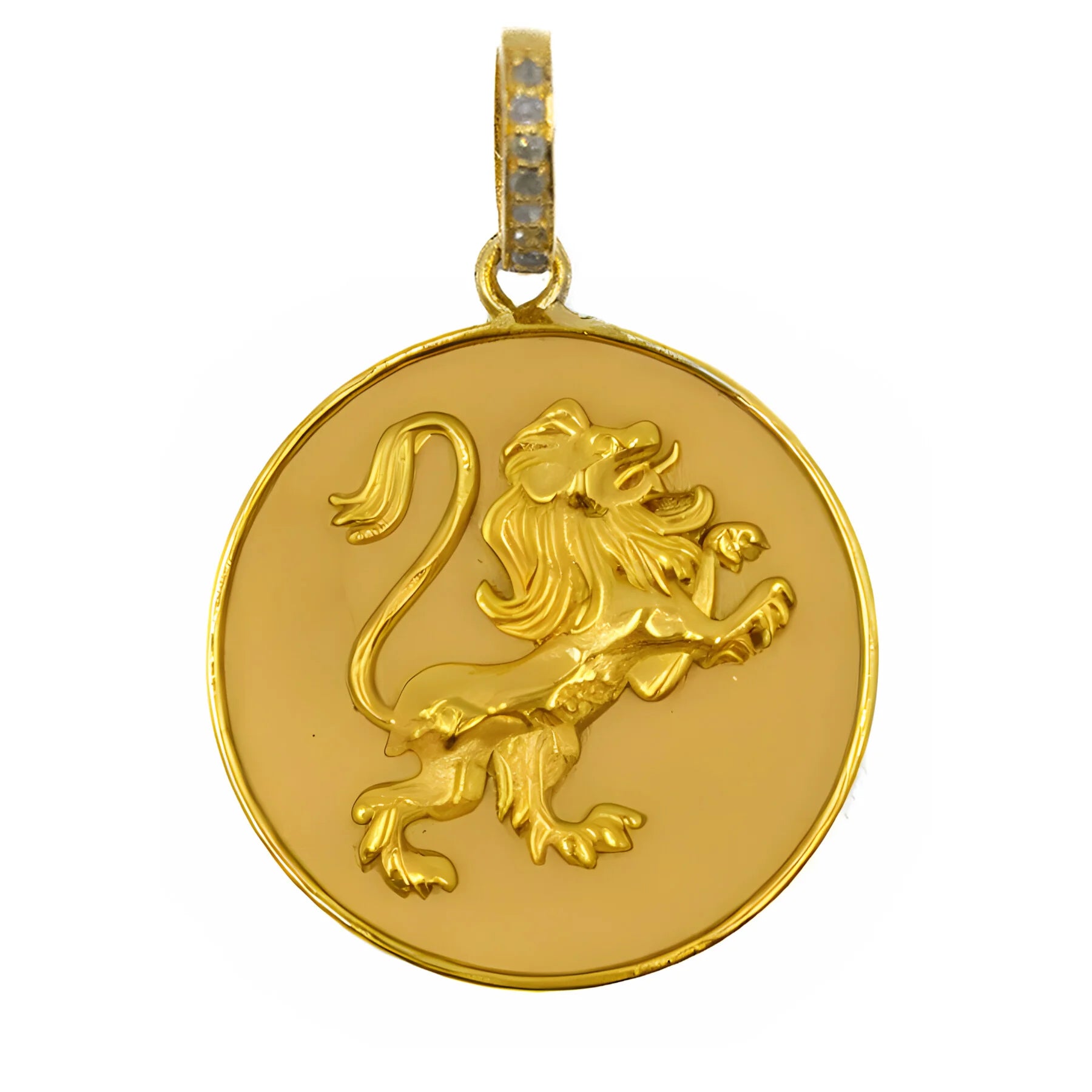 Lion pendant with diamonds, bold statement jewelry symbolizing strength and courage