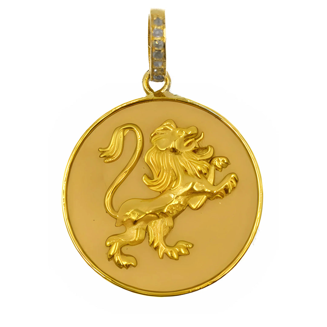 Lion pendant with diamonds, bold statement jewelry symbolizing strength and courage