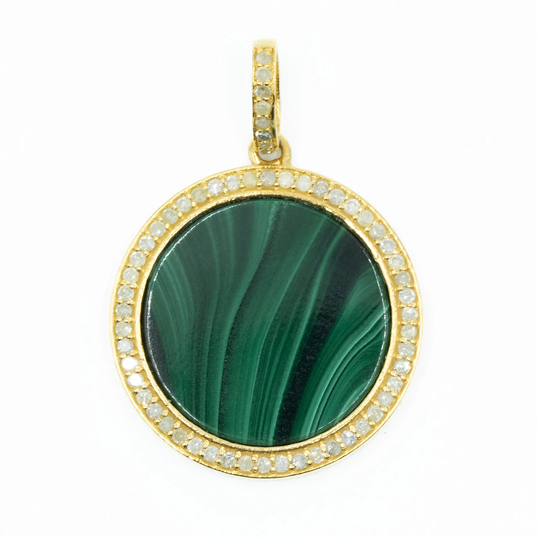 Extra-large malachite disc pendant in 18kt gold-plated sterling silver with rich green banded stone design