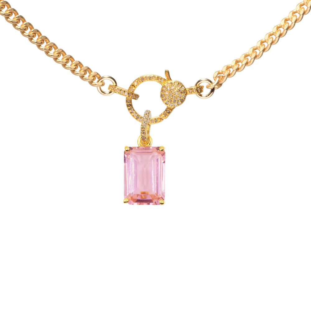 Emerald cut morganite charm – delicate pink gemstone pendant with classic rectangular cut and refined sparkle