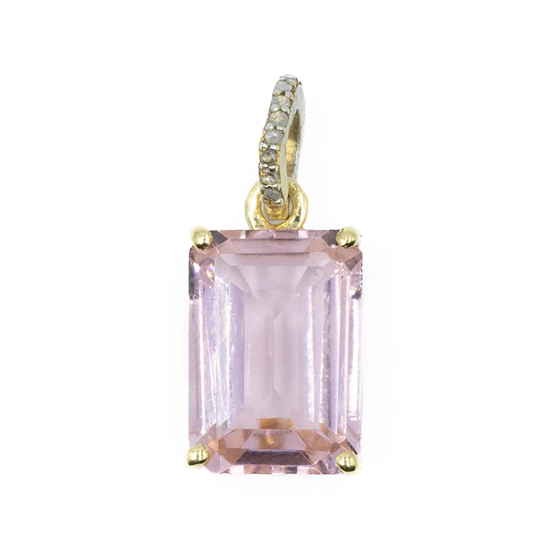 Emerald cut morganite charm – delicate pink gemstone pendant with classic rectangular cut and refined sparkle