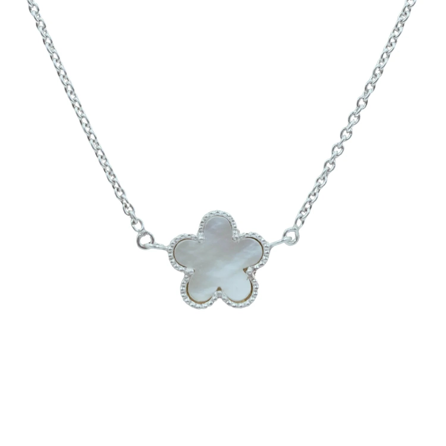 Elegant Mother of Pearl flower necklace with iridescent floral pendant.