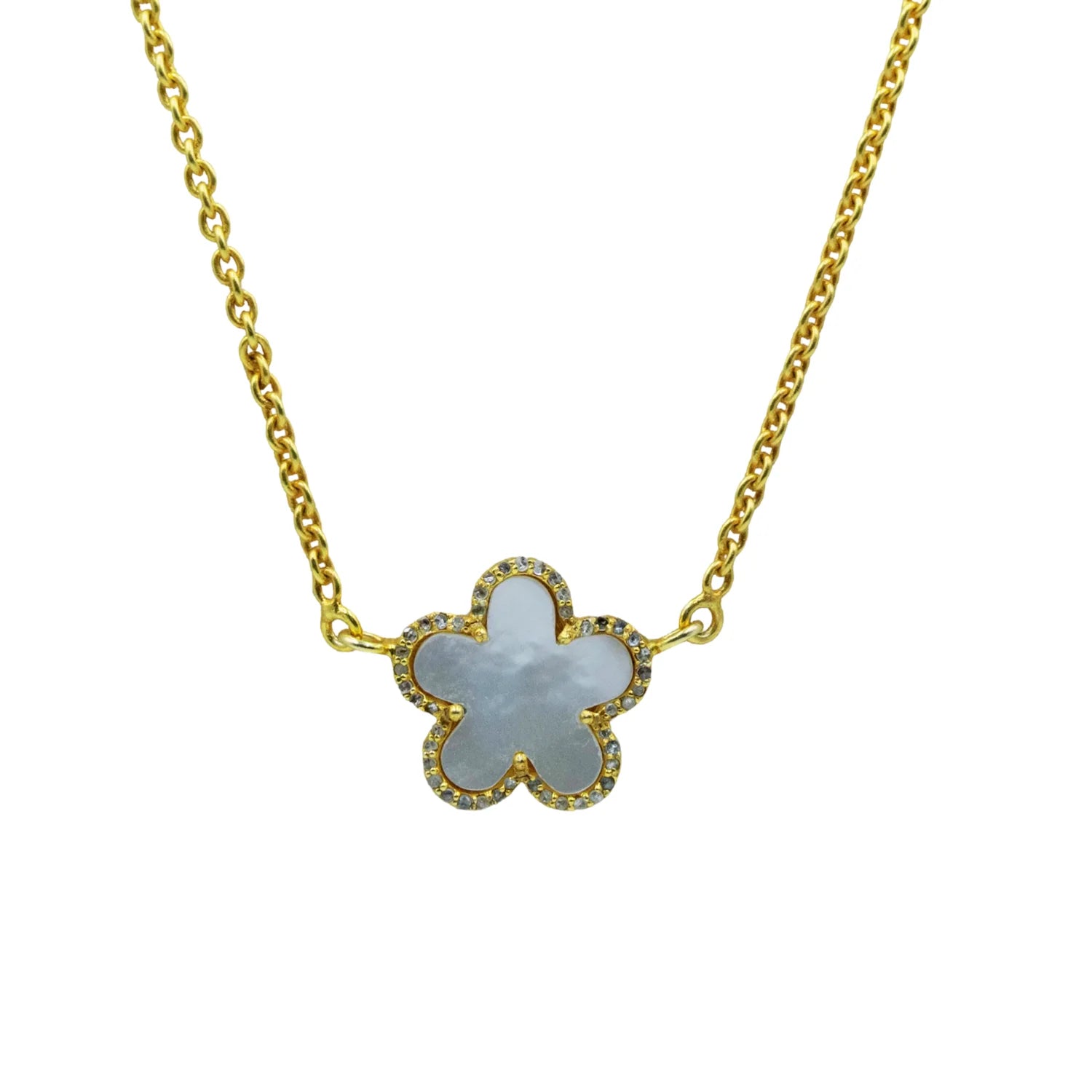 Elegant Mother of Pearl flower necklace with iridescent floral pendant.