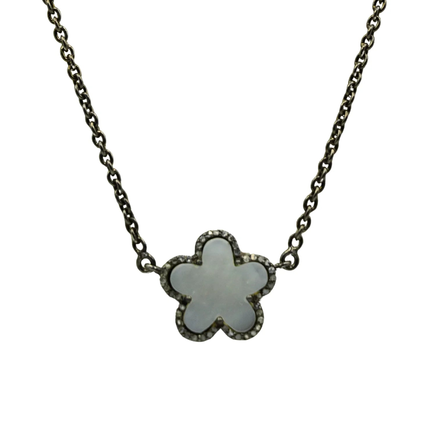 Elegant Mother of Pearl flower necklace with iridescent floral pendant.
