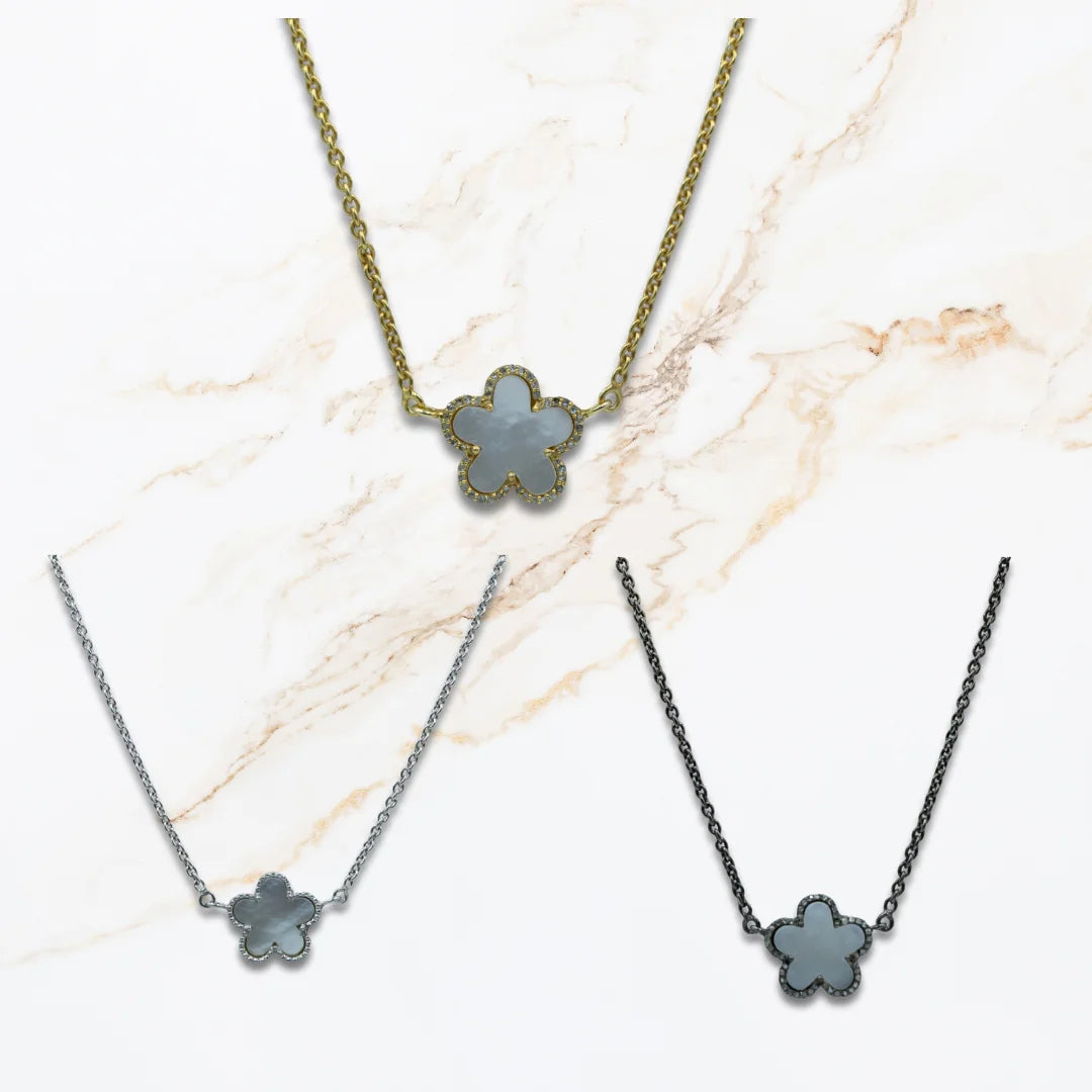 Mother of Pearl flower necklace with delicate petals, elegant jewelry for timeless feminine style