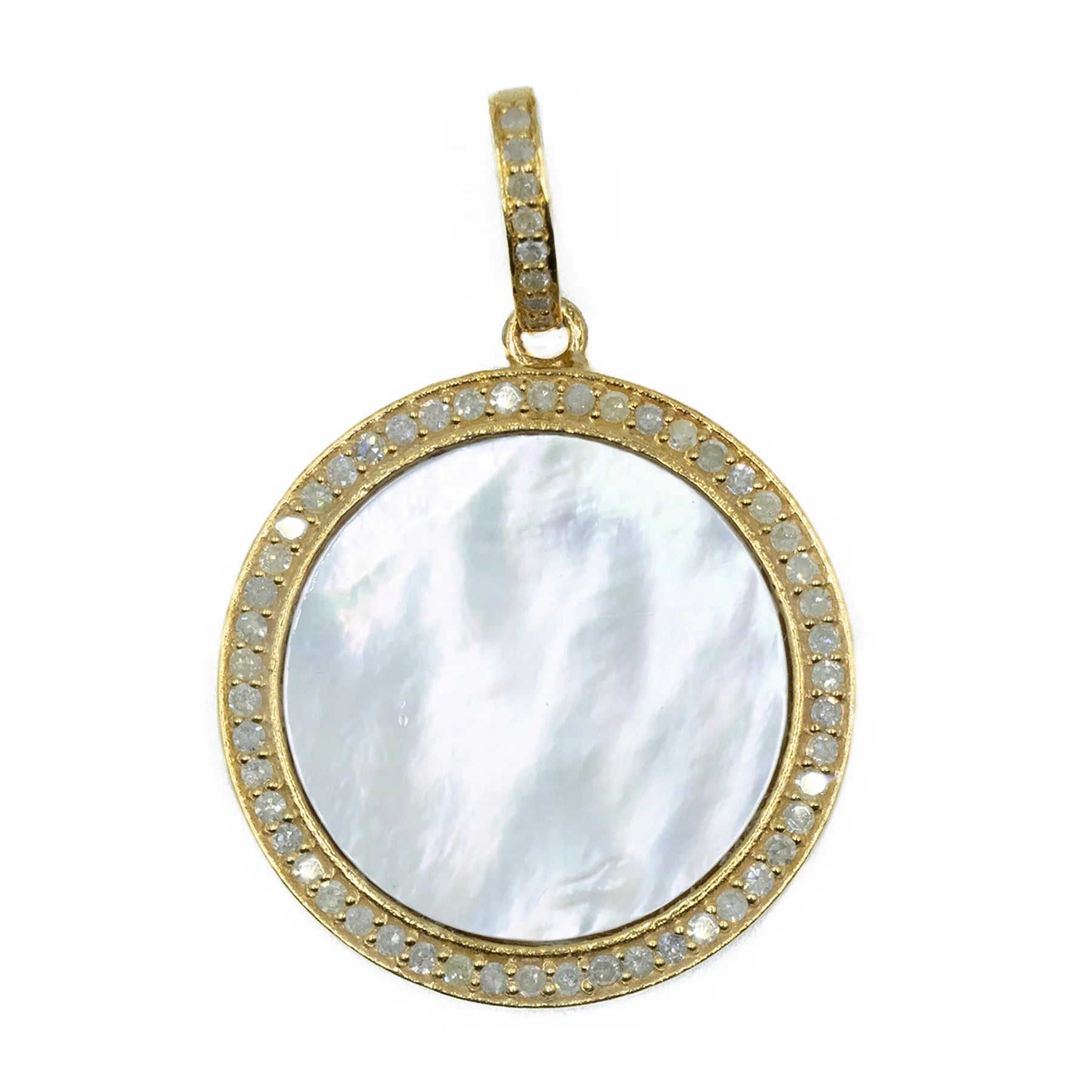 Extra-large mother of pearl disc pendant in 18kt gold-plated sterling silver with luminous iridescent finish