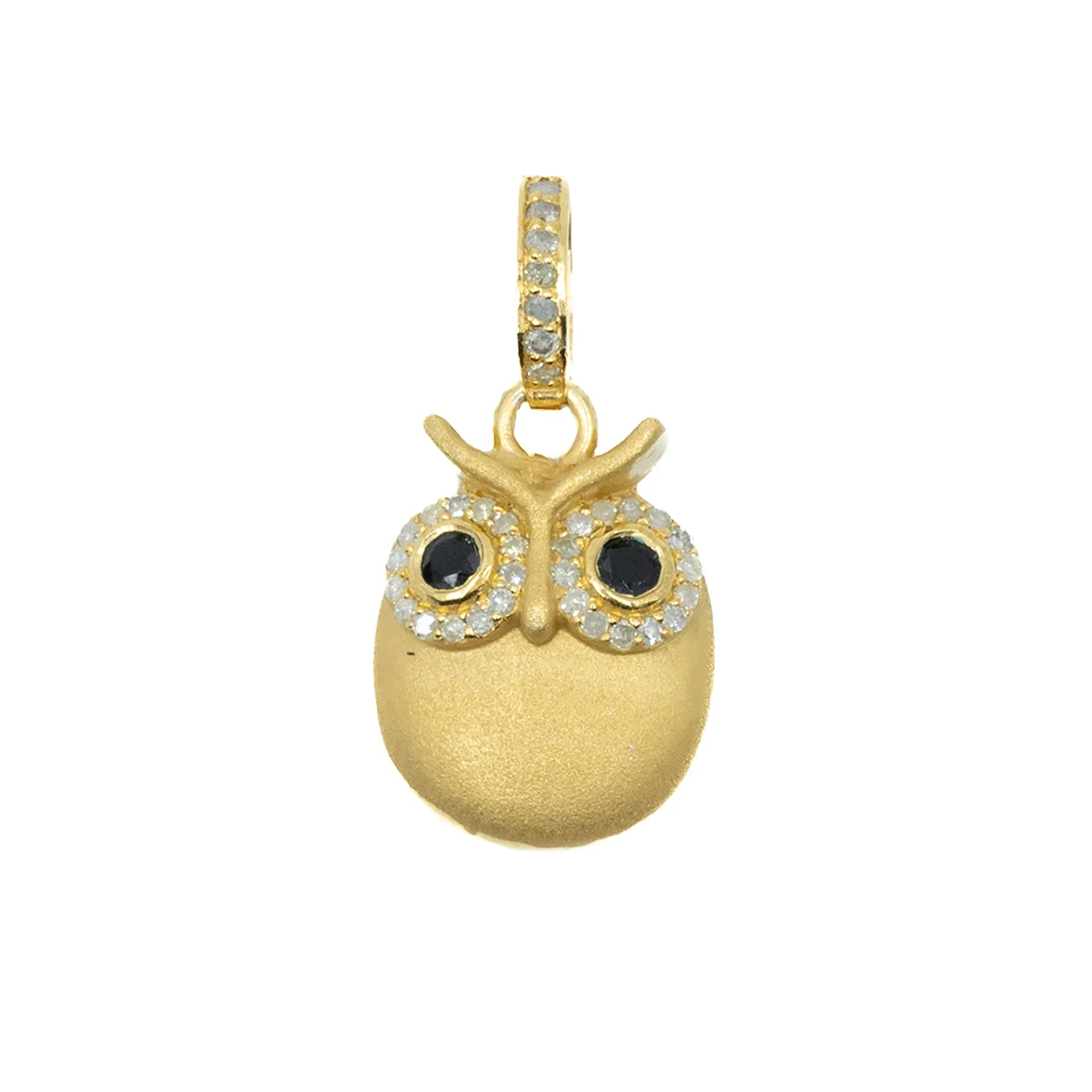 Matte gold and silver owl charm with sapphire eyes – wise and elegant bird pendant with gemstone detail

