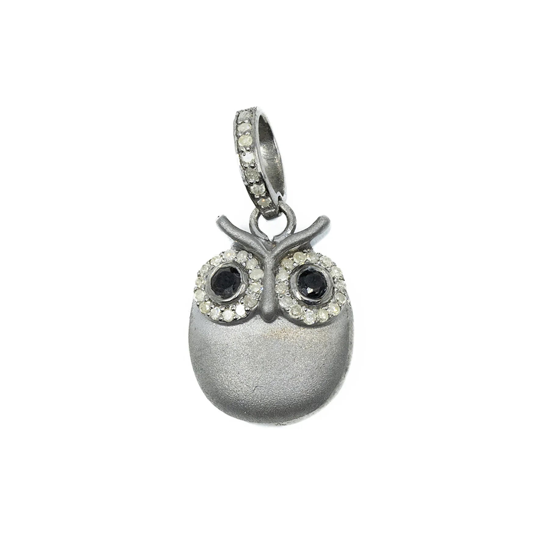 Matte gold and silver owl charm with sapphire eyes – wise and elegant bird pendant with gemstone detail

