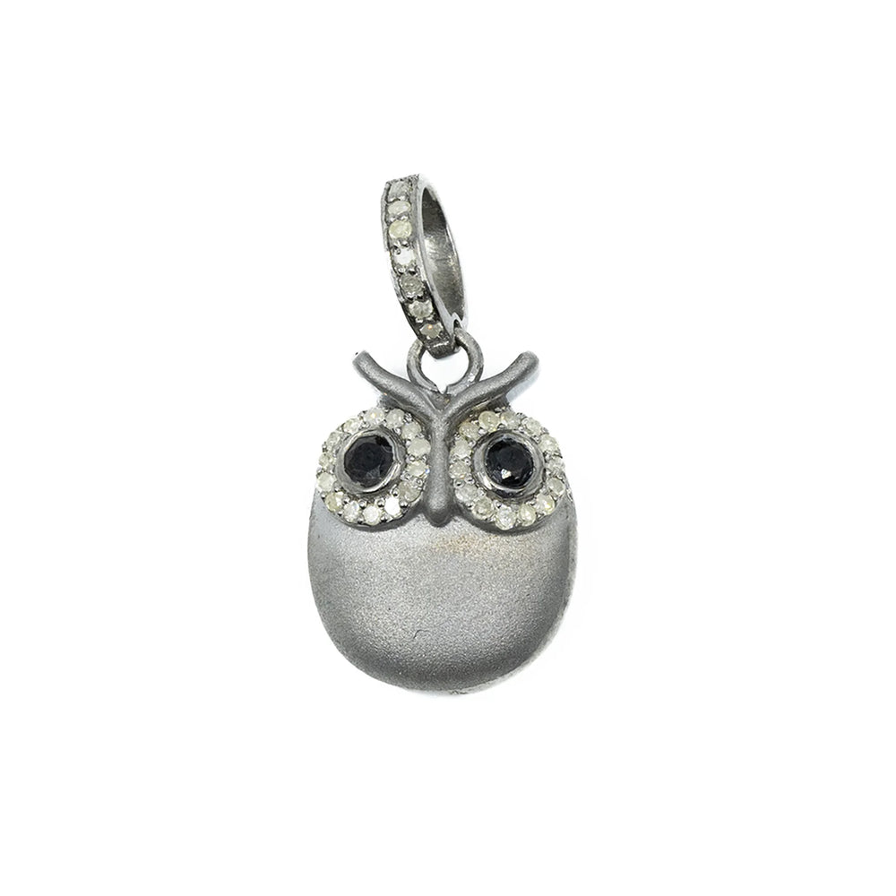 Matte gold and silver owl charm with sapphire eyes – wise and elegant bird pendant with gemstone detail

