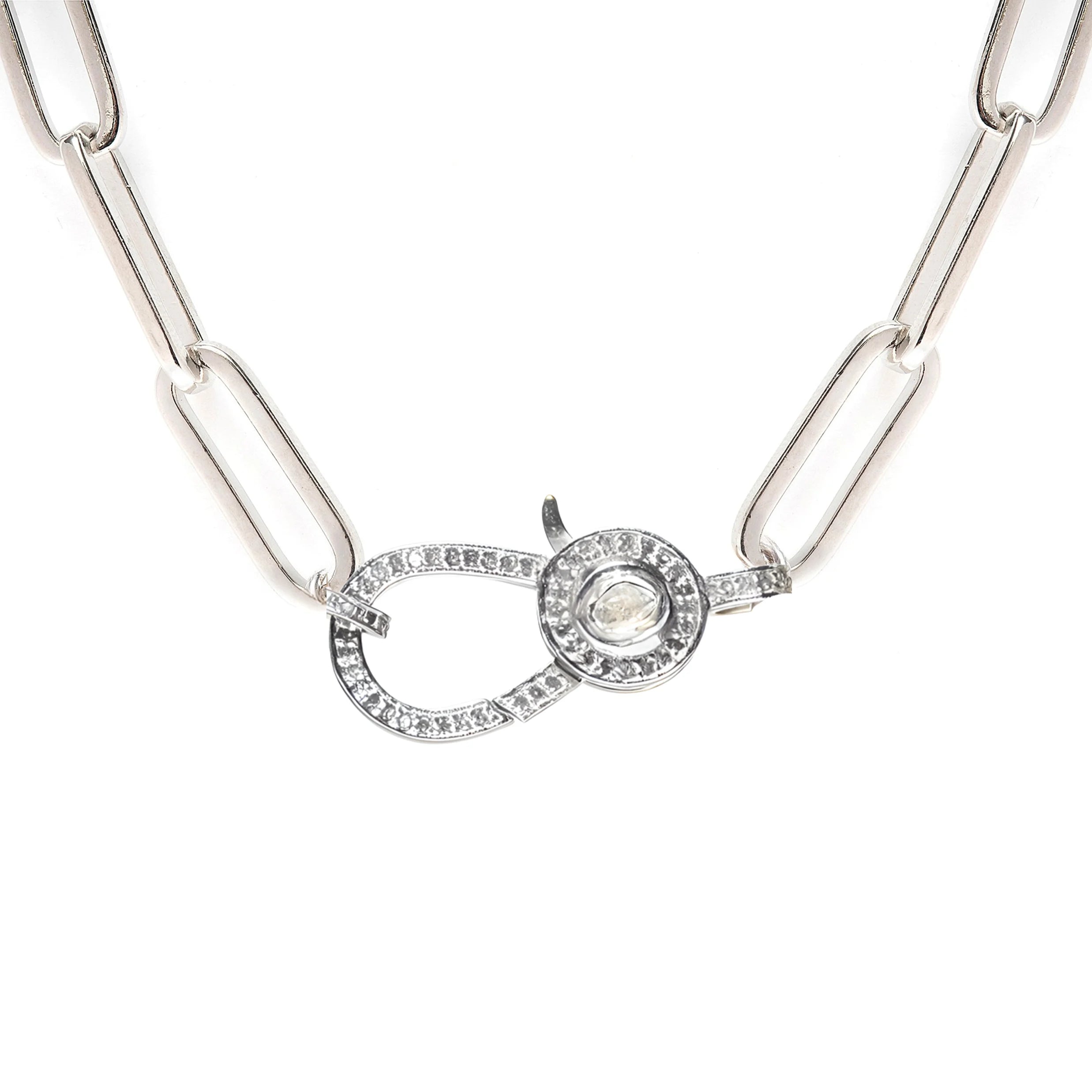 Chunky bright silver paperclip necklace with silver Polki diamond closure, bold stylish luxury jewelry accessory