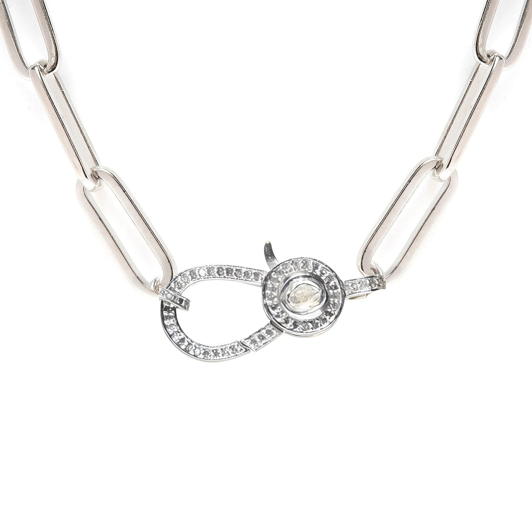 Chunky bright silver paperclip necklace with silver Polki diamond closure, bold stylish luxury jewelry accessory