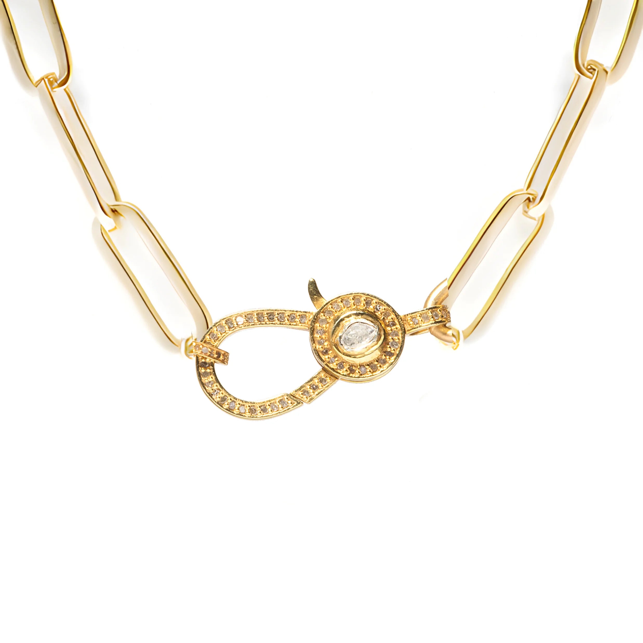 Chunky shiny gold paperclip necklace with gold Polki diamond closure, bold elegant luxury jewelry accessory