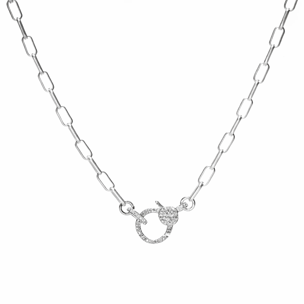 Paperclip small rhodium necklace with diamond closure, elegant minimalist design, stylish luxury jewelry accessory