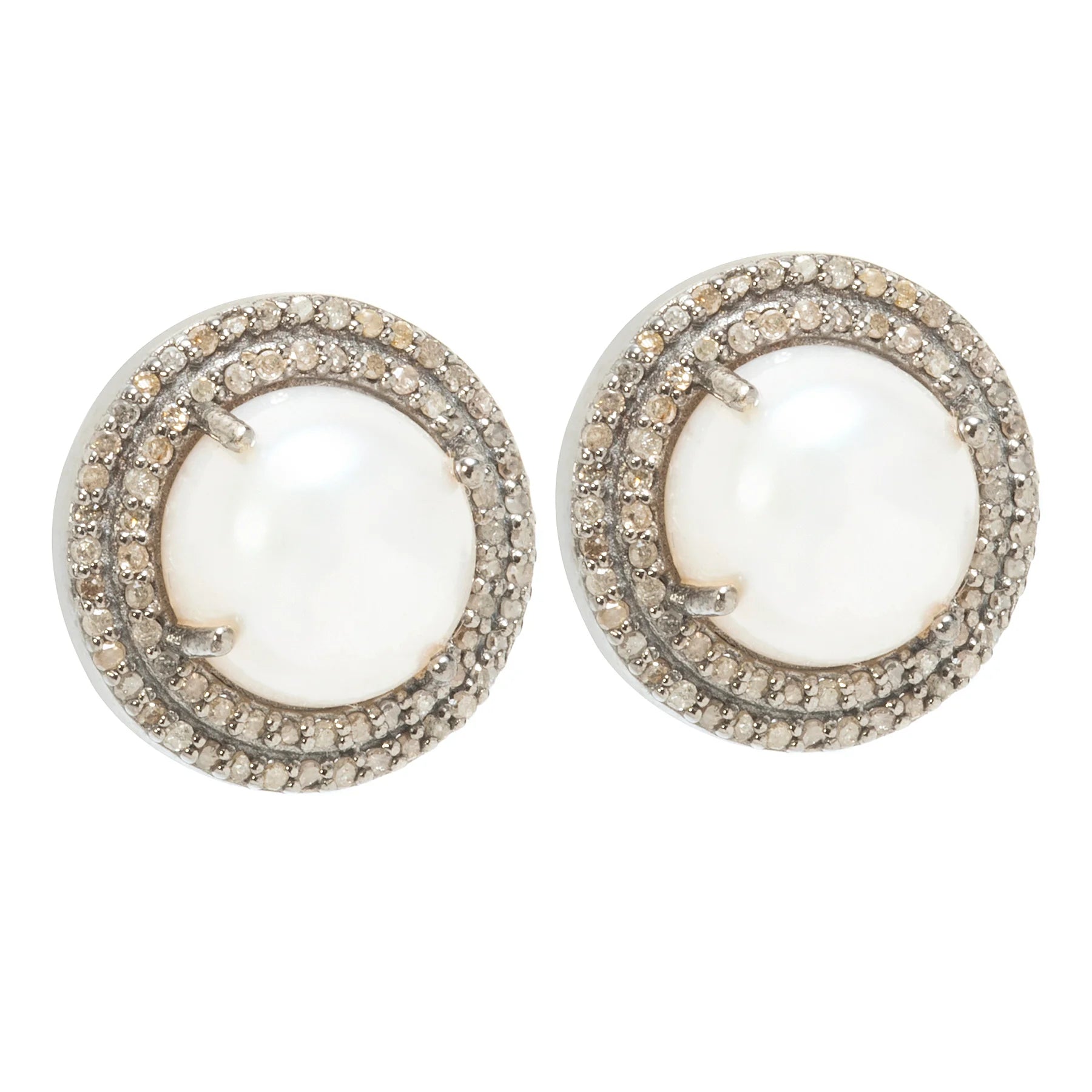 White pearl and diamond post earrings, elegant stud jewelry with classic timeless design