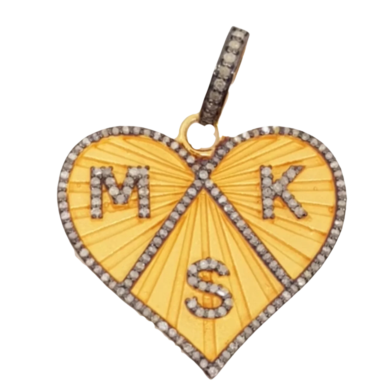 Heart-shaped pendant with 'MKS' initials on a yellow background