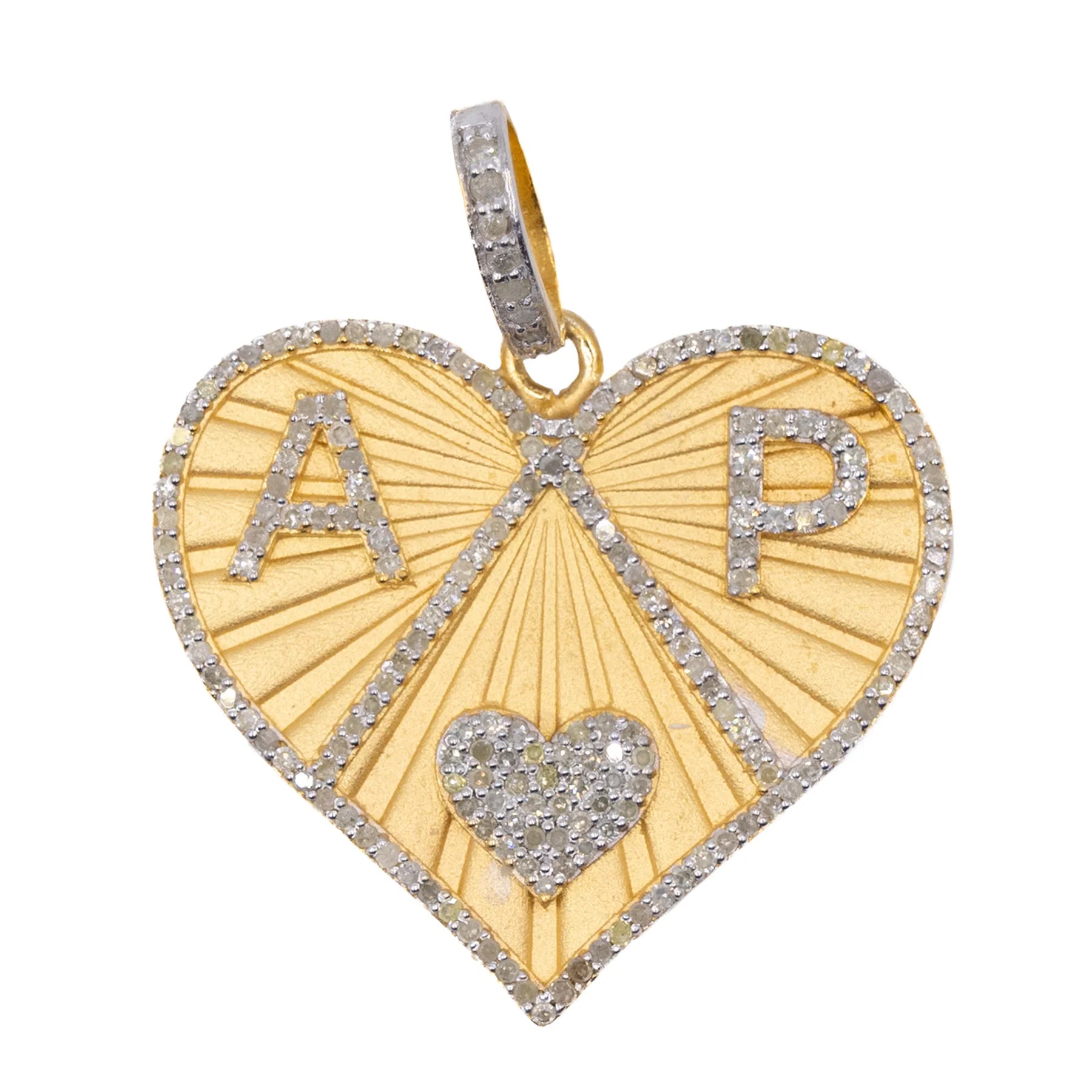 Gold heart-shaped pendant with 'AP' initials and a small heart in the center on a white background