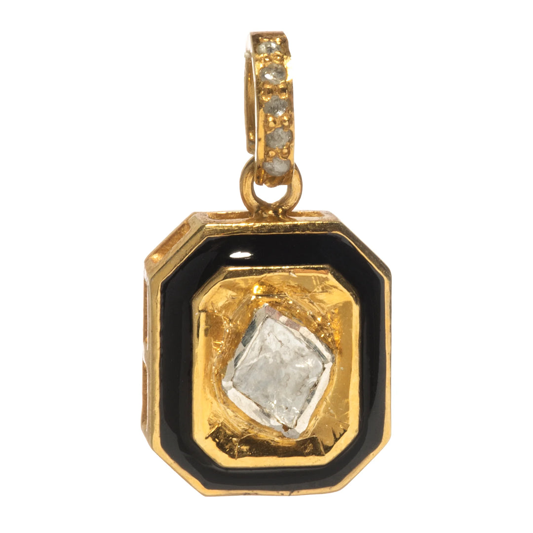 Black enamel Polki diamond charm – gold pendant with vintage-style detailing and bold contrast