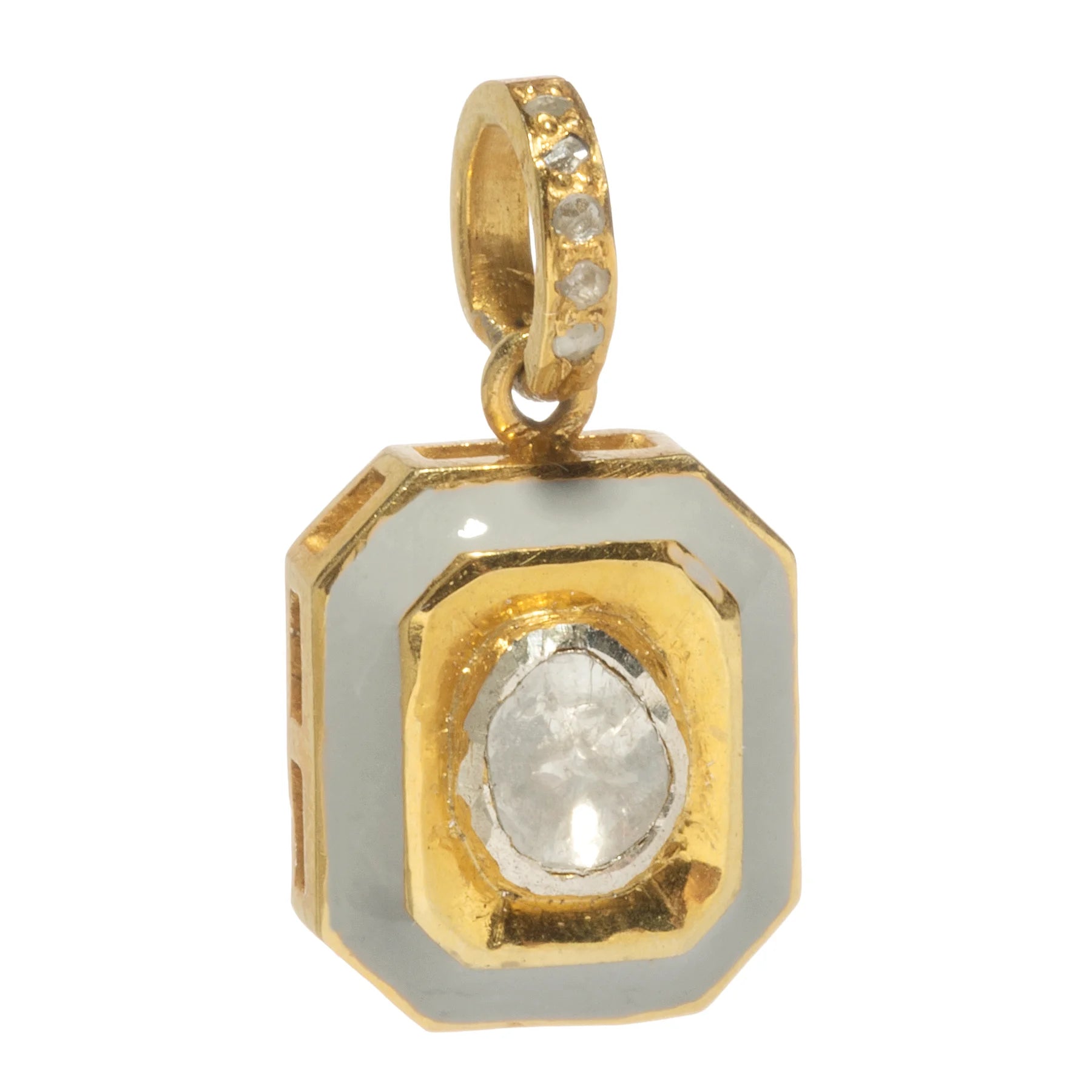 Grey enamel Polki diamond charm – sophisticated gold pendant with soft tone and vintage-inspired design