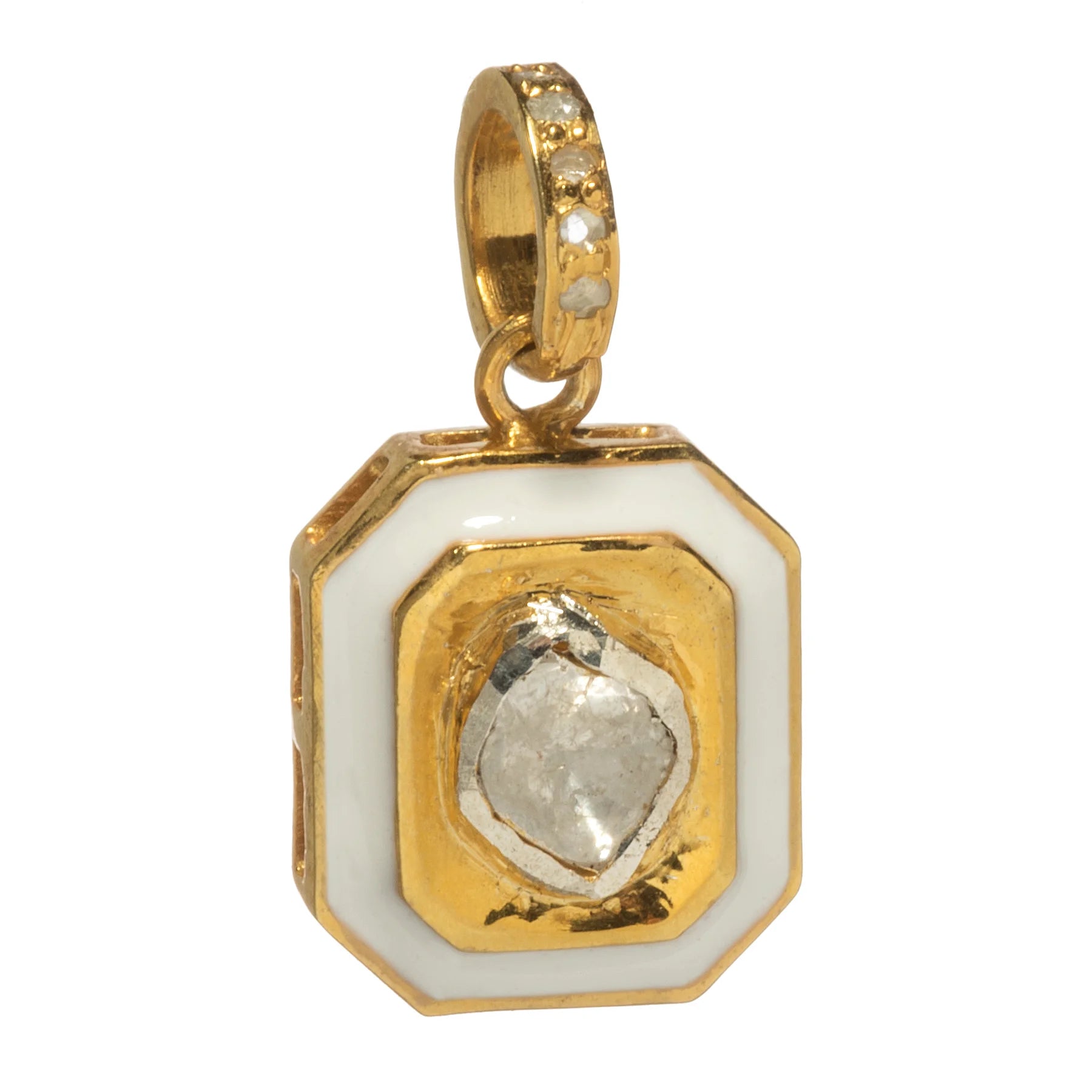 White enamel Polki diamond charm – gold pendant with classic elegance and hand-cut diamond center
