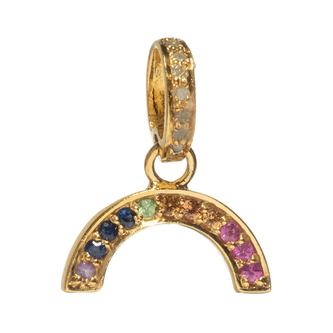 Rainbow multi-sapphire charm – vibrant gold pendant with colorful sapphire gemstones in a radiant arc

