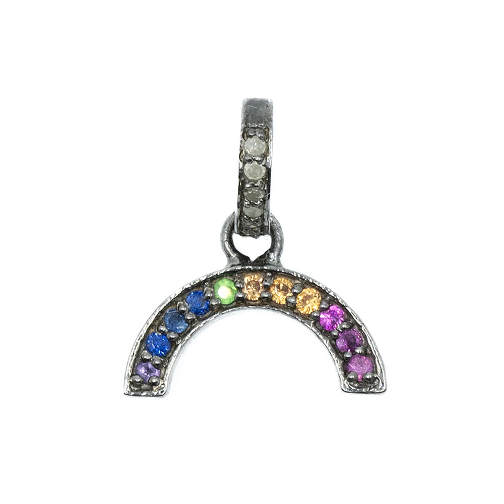 Rainbow multi-sapphire charm – vibrant gold pendant with colorful sapphire gemstones in a radiant arc

