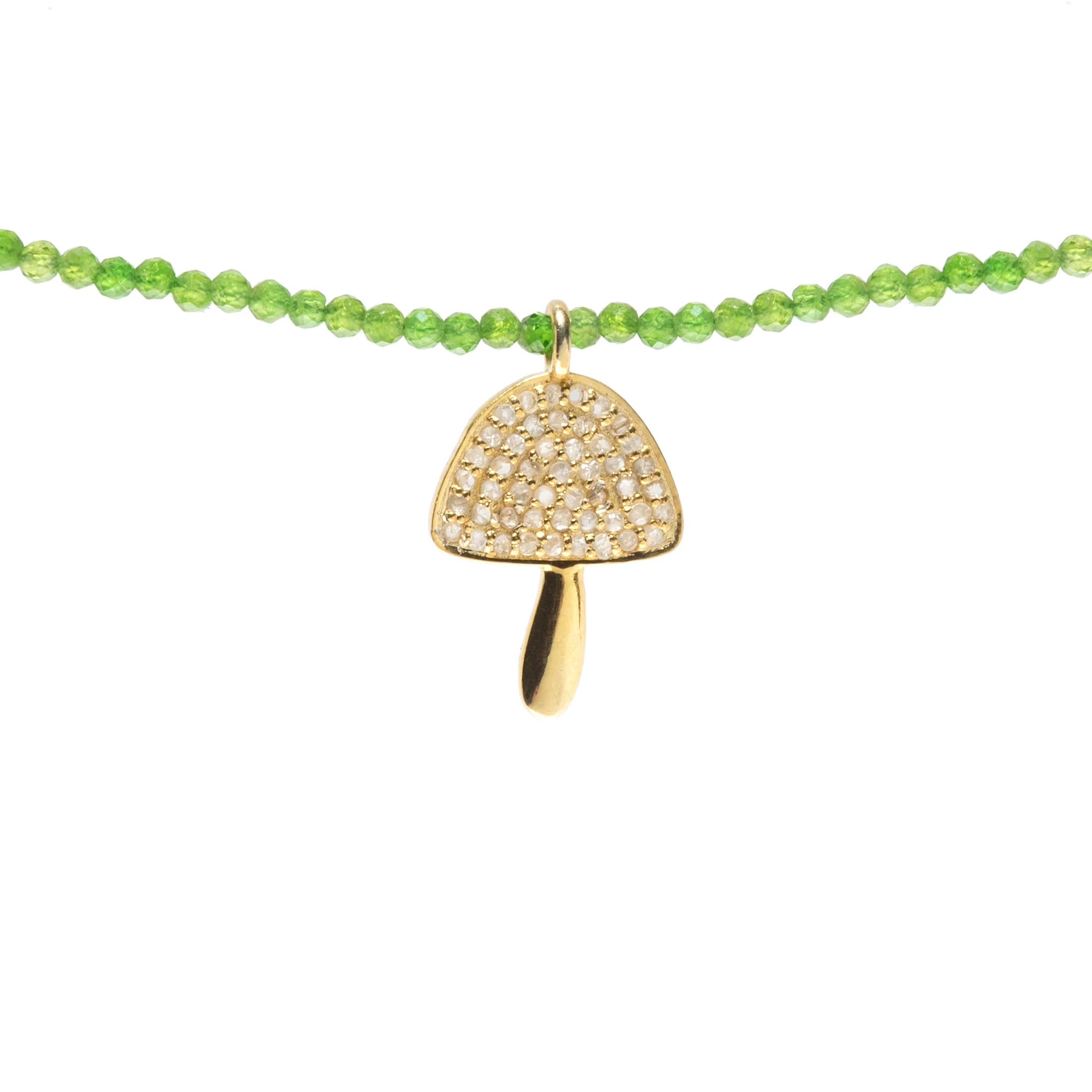 Semi-precious necklace with diamond mushroom pendant, whimsical gemstone jewelry with sparkling detail