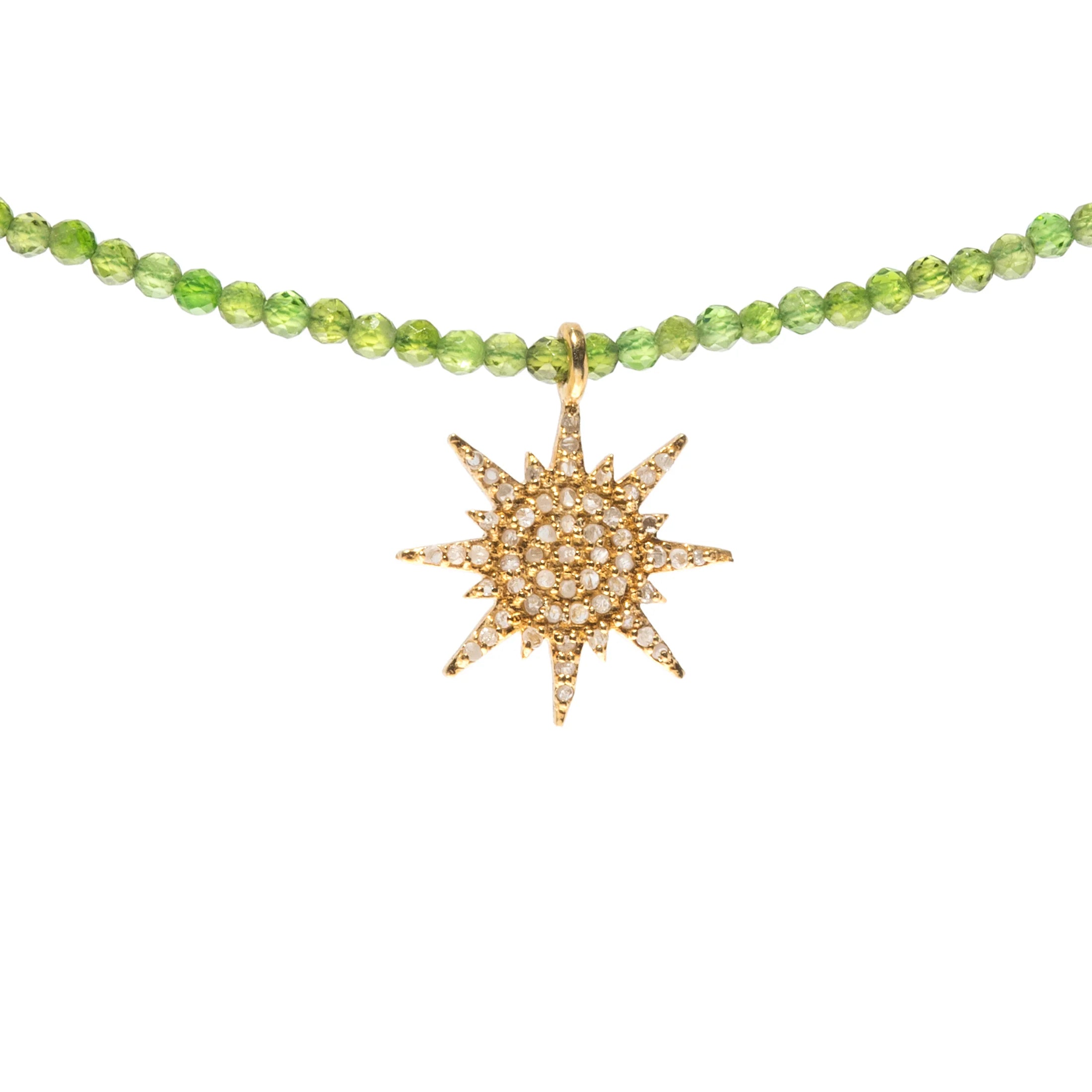 Semi-precious necklace with diamond sunburst pendant, elegant gemstone jewelry with radiant design