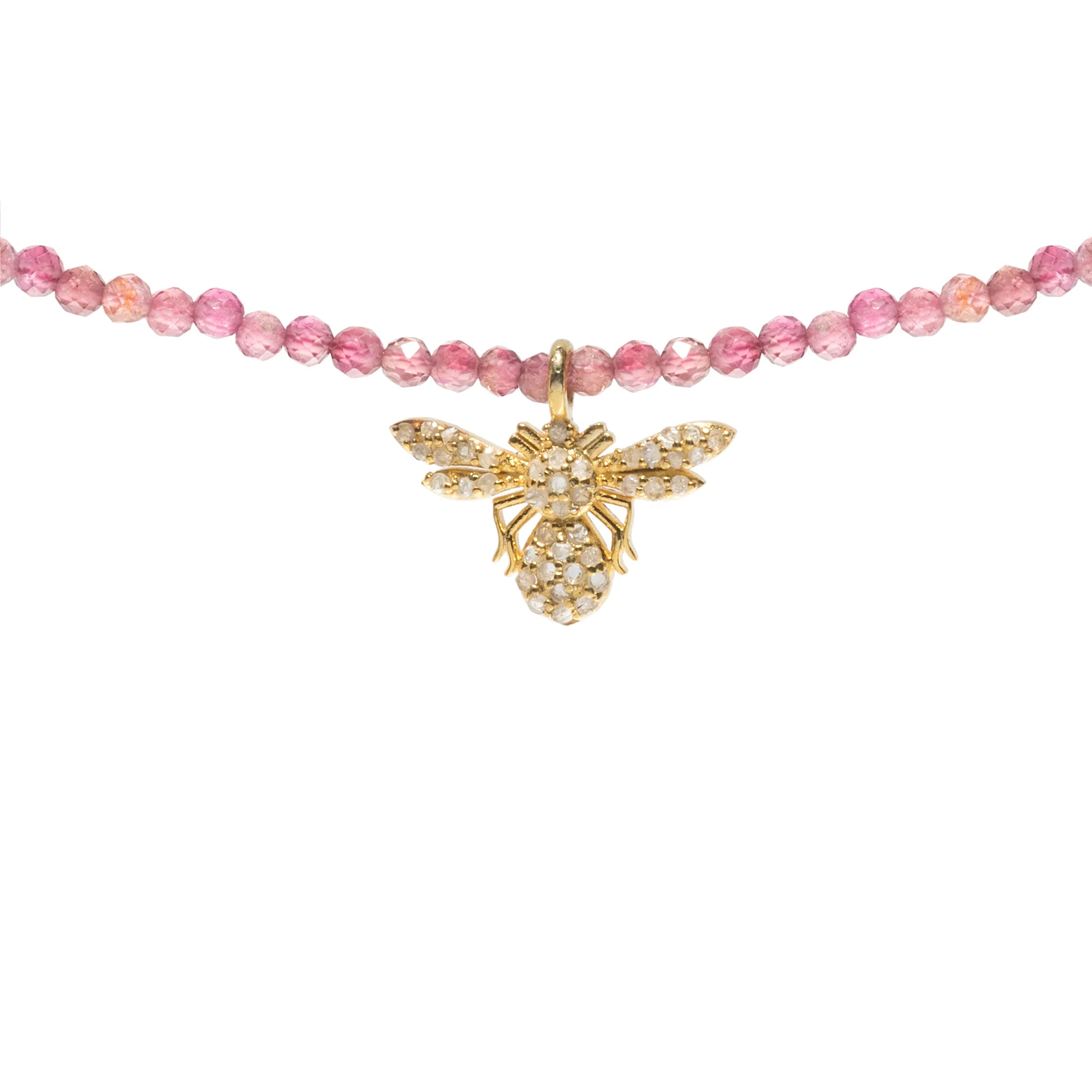 Semi-precious necklace with diamond bee pendant, elegant gemstone jewelry with nature-inspired design