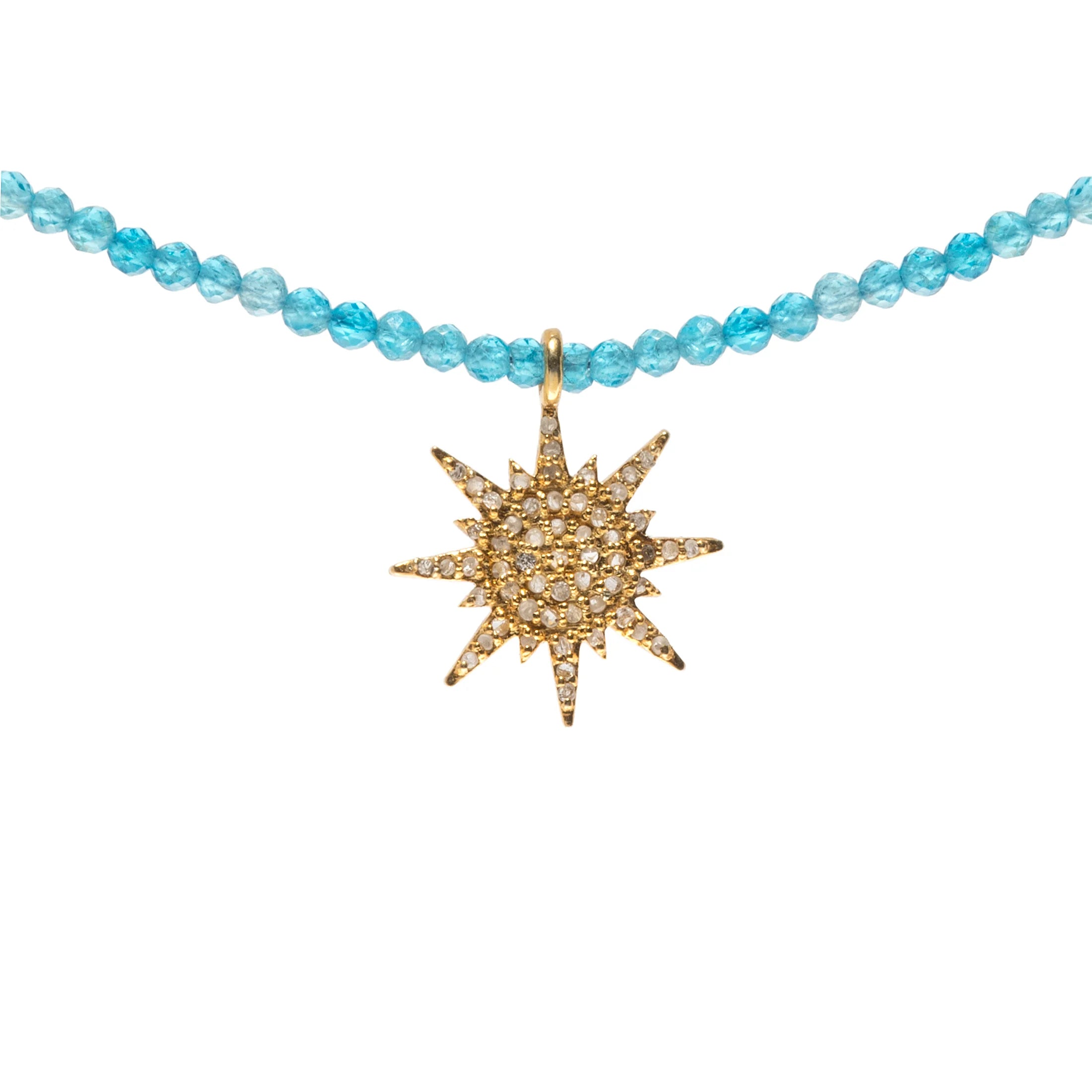 Semi-precious necklace with diamond sunburst pendant, elegant gemstone jewelry with radiant design