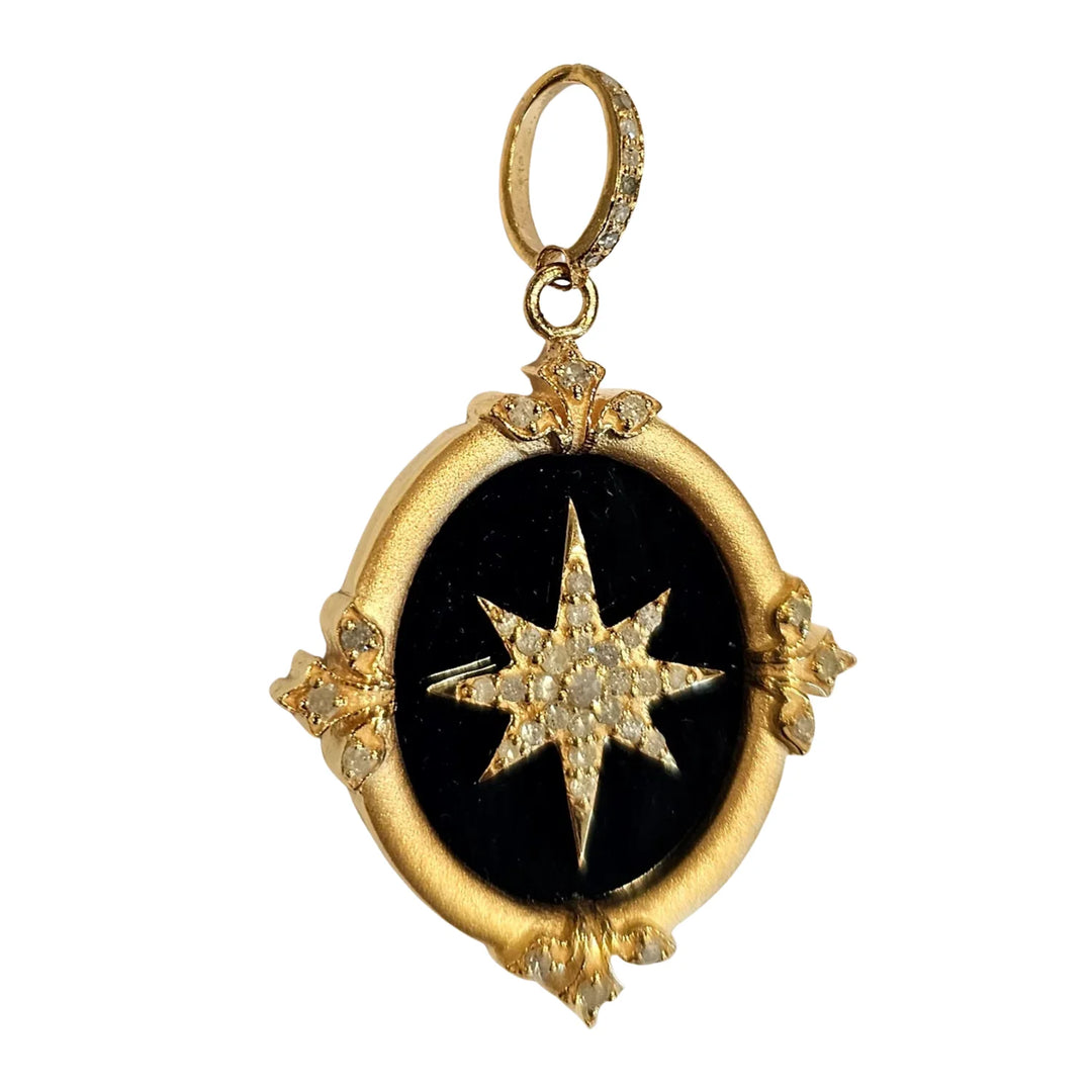 Star mirror medallion pendant with black onyx, bold celestial-inspired gemstone jewelry design