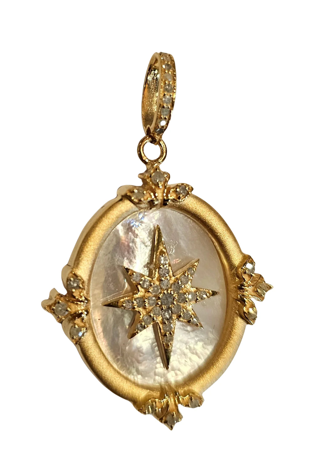 Star mirror medallion pendant with mother of pearl, elegant celestial-inspired jewelry design