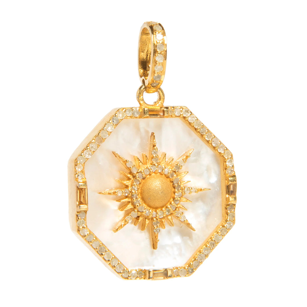 Gold octagon starburst charm with mother of pearl inlay, crafted in 18kt gold-plated sterling silver