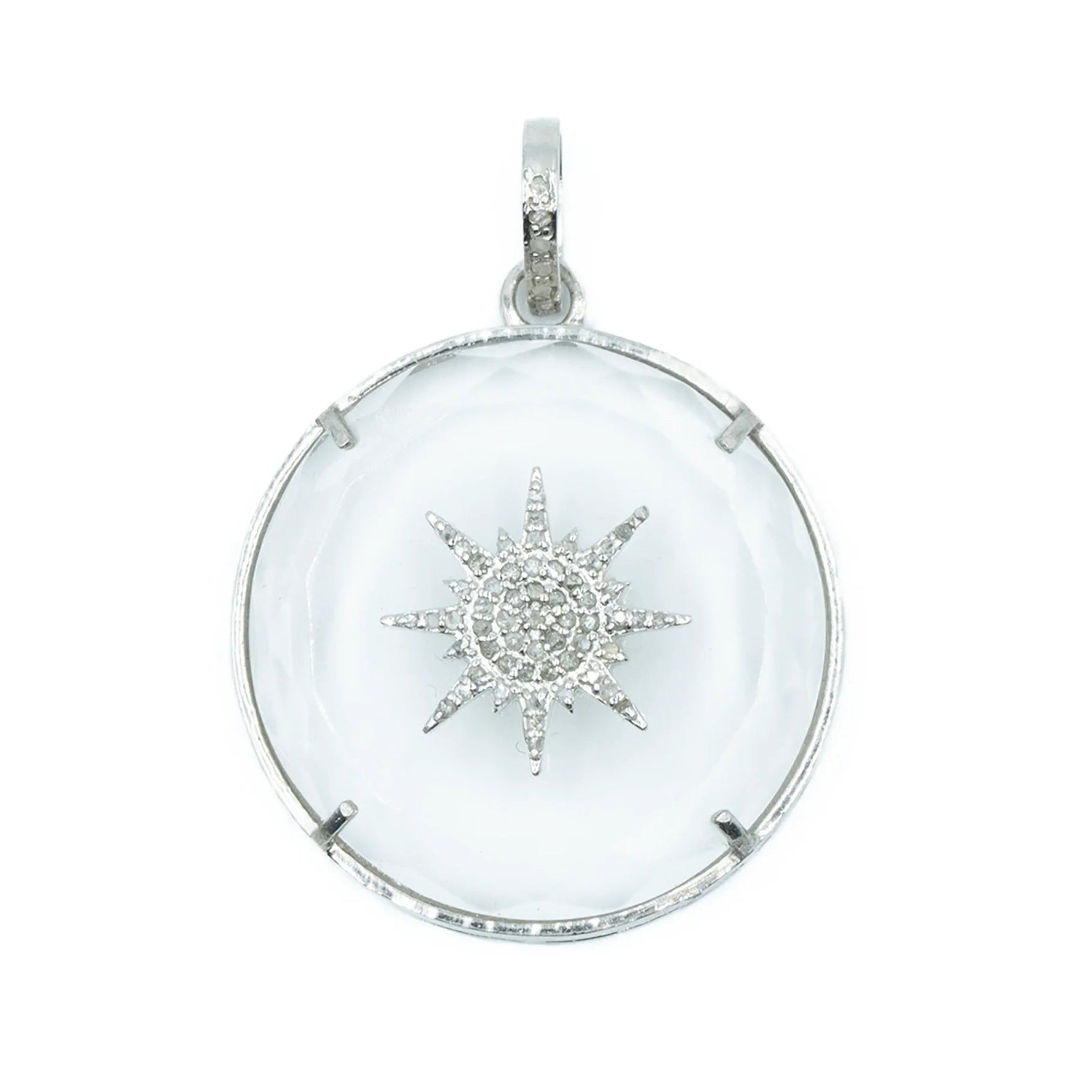 Sunburst charm with clear quartz center, crafted in 18kt gold-plated sterling silver
