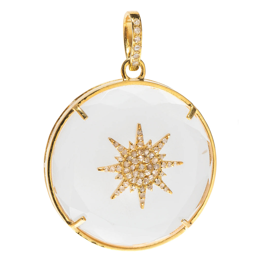 Sunburst charm with clear quartz center, crafted in 18kt gold-plated sterling silver