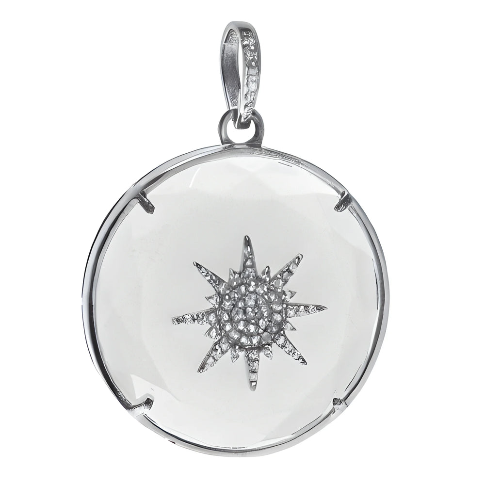 Sunburst charm with clear quartz center, crafted in 18kt gold-plated sterling silver