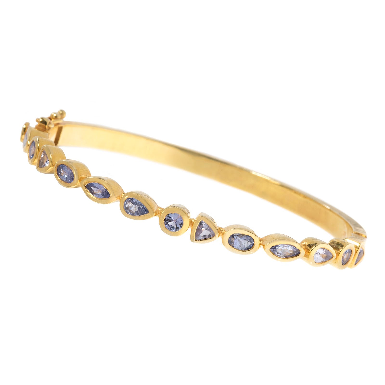 Gold tanzanite bangle bracelet, elegant blue-violet gemstone jewelry with timeless luxury design